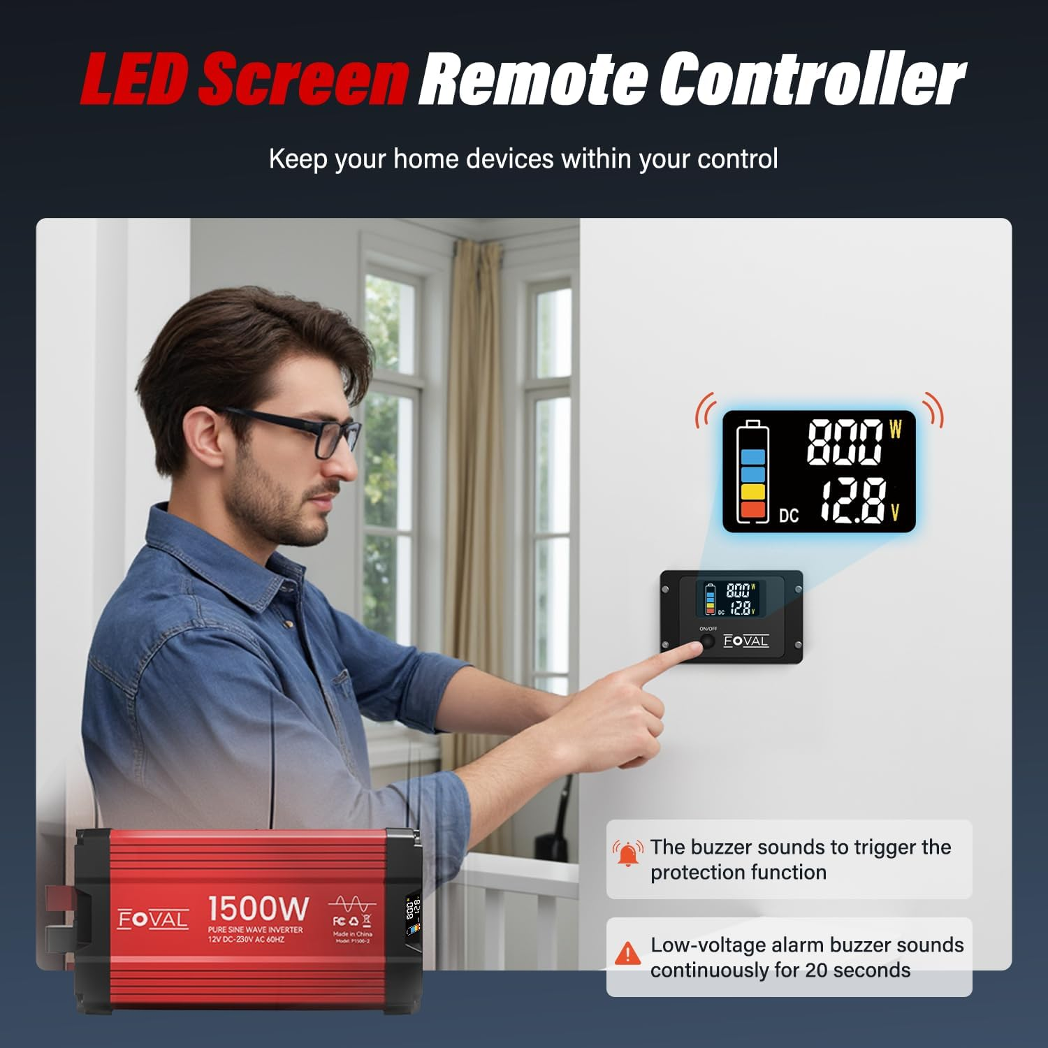 FOVAL 1500W Pure Sine Wave Inverter 12V DC to 230V AC Converter, 3000W Peak Power Inverter with LCD Display and 2 AC Outlets for Home, RV, Truck, and Off-Grid Solar System, Remote Controller image number 1