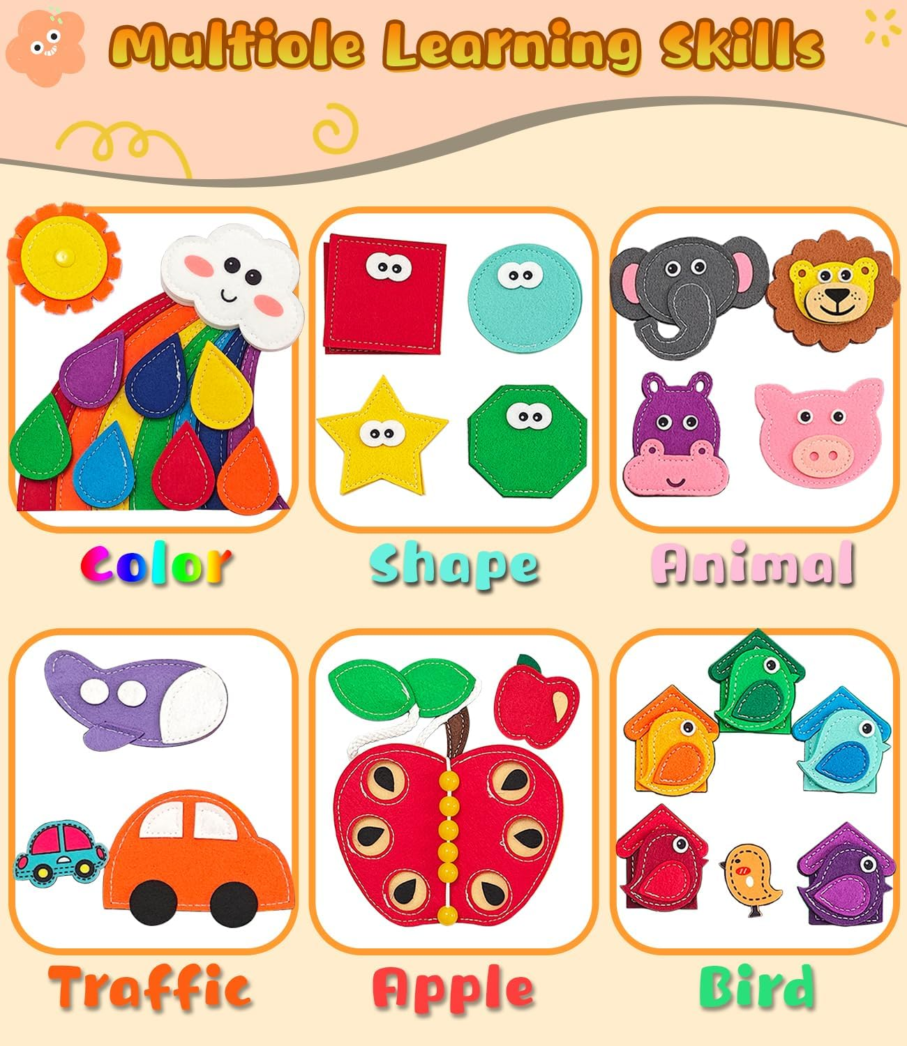 Busy Book for Toddlers, Toddler Busy Board Felt Quiet Book Including 9 Themes Preschool Learning Activities Educational Sensory Toy for Kids Gift, 3D Rainbow Montessori Board Sensory Toy image number 4