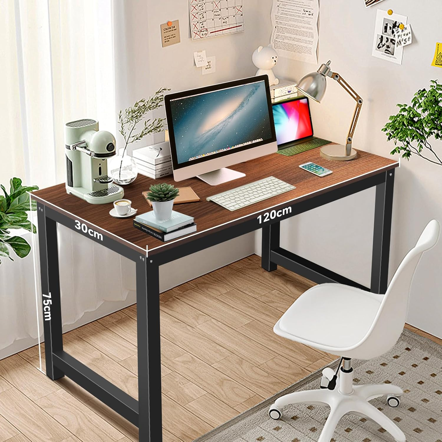 Office Desk Computer Table, Large Office Computer Desk with Retro Wooden Tabletop Sturdy Black Metal Legs Writing Tables for Apartment Dorm Simple Workstation image number 1