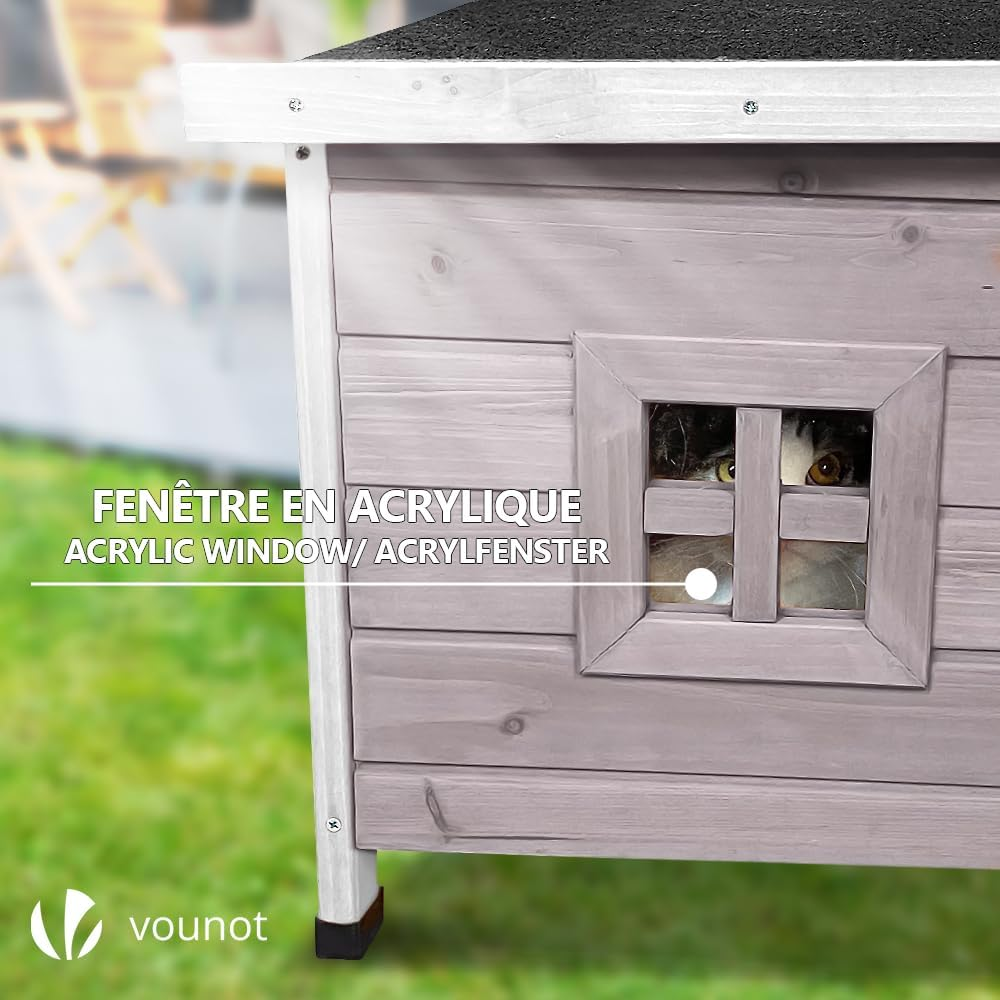 VOUNOT Cat House Outdoor with Kennel Door Privacy Window Cat Wooden Shelter 57X45X43Cm, Grey image number 1