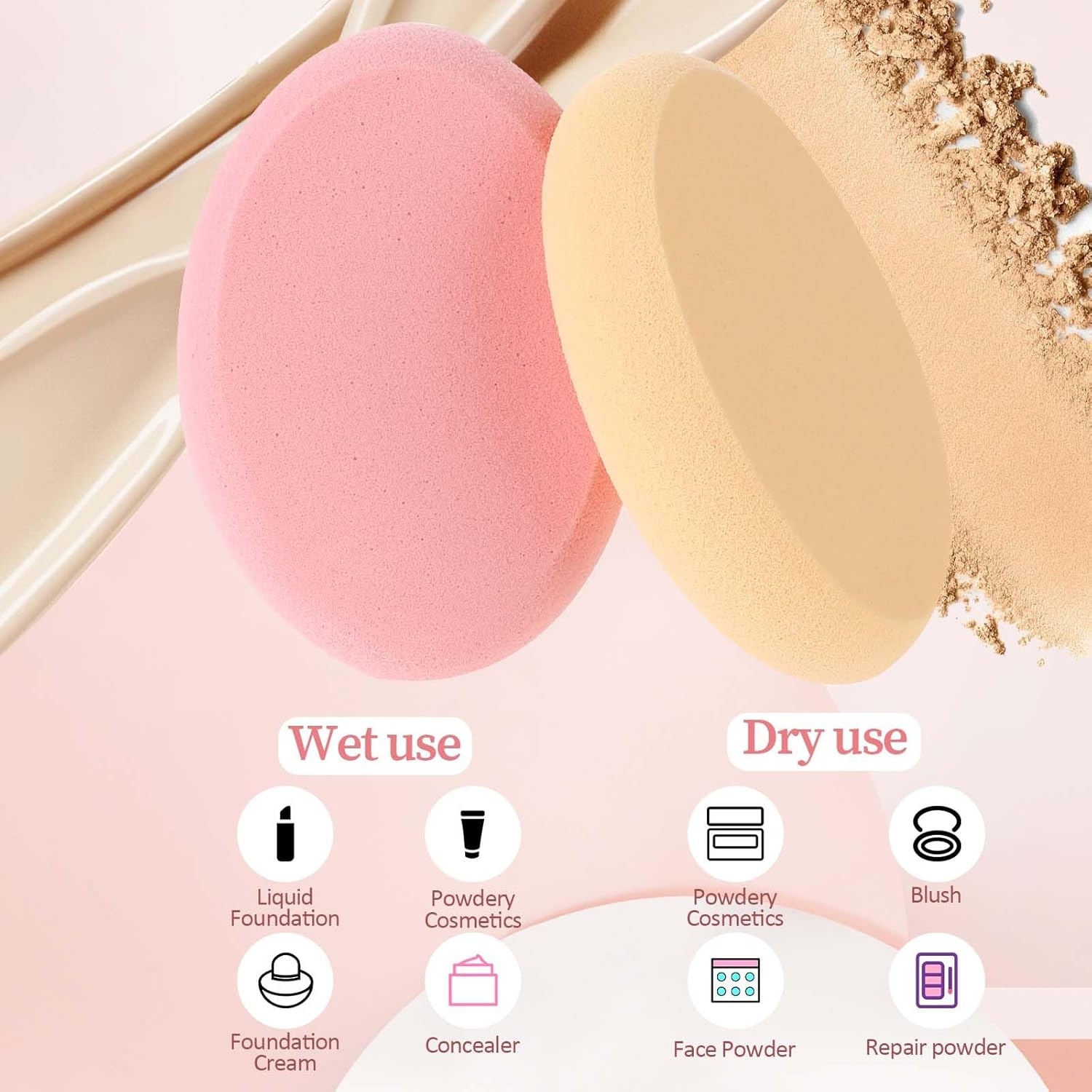 Sliverdew 2 Pack Oval Puff Beauty Egg Foundation Sponge Professional Makeup Sponge for Eye Foundation Blush Application Forehead Cheeks, Dry and Wet (Skin Tone and Pink) image number 1