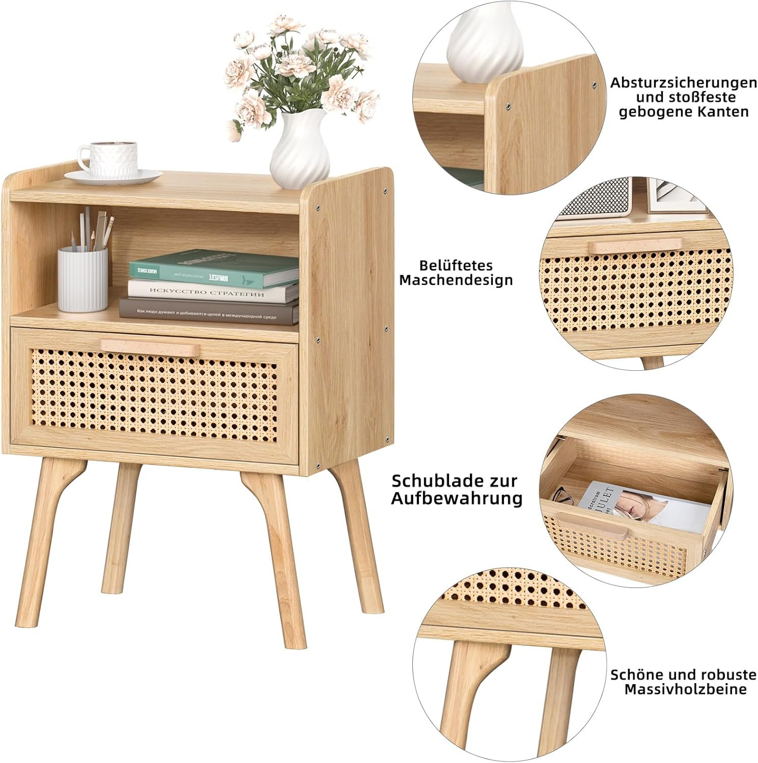 LELELINKY Rattan Nightstand, Small Side Table with Wooden Drawer and Open Shelves, Bedside Table with Solid Wood Legs, Living Room Sofa End Table, Bedroom Night Stand image number 5
