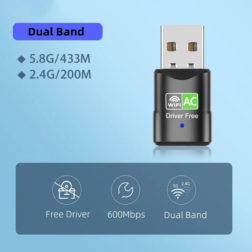 USB WLAN Stick, Ac600Mbit/S USB WLAN Adapter Dualband (433Mbps 5Ghz/150Mbps 2.4Ghz) with Built-In Driver, USB Wifi Adapter image number 3