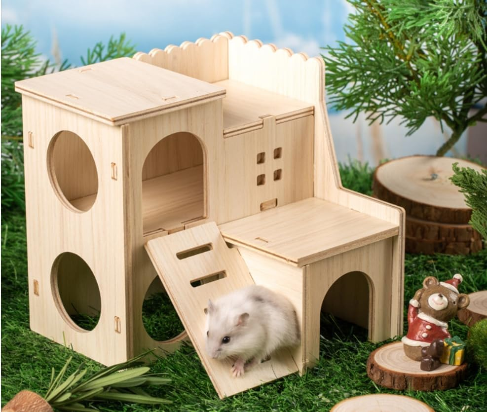 Tiny Hamster Wooden Castle House,Double-Layer Hamster Maze Wooden House with Fun Slides,Natural Chewable Wood Hideout House for Guinea Pigs,Hamsters,And Rabbits,Small Pet Playground & Exercise