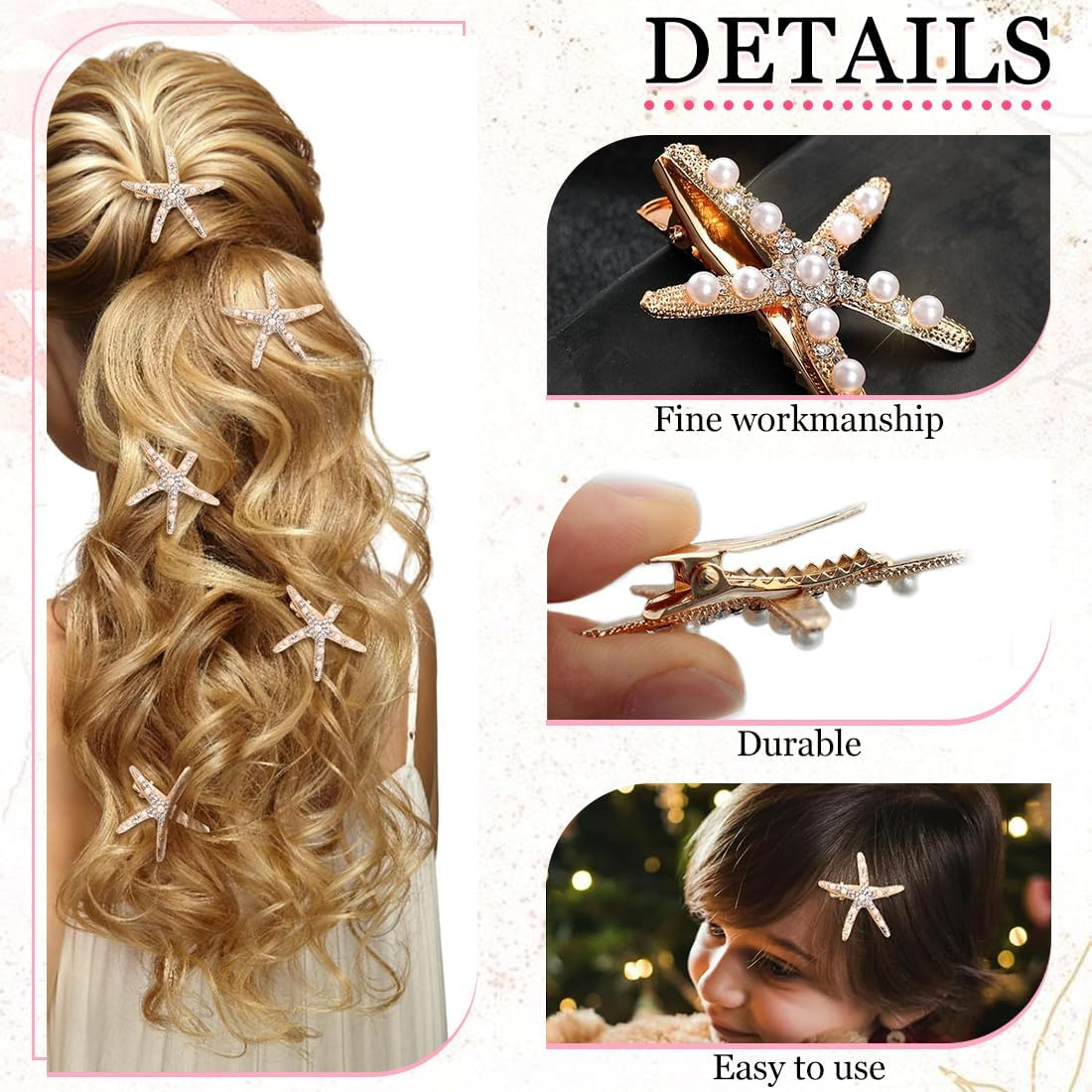 MIRKUZI Hair Clips 4 Pack Starfish Hair Pins Metal Starfish Hairpins Star Shaped Hair Pins Hair Accessories for Women and Girls, Starfish Shell Hairpins image number 3
