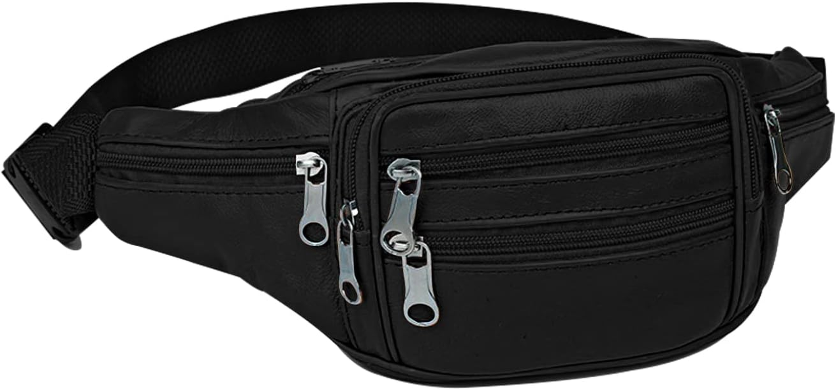 Isuntop Genuine Leather Waist Pack Waist Bag Waterproof Hip Belt Bag Organizer with Adjustable Belt Multiple Pockets Funny Pack for Sport Travel Hiking(Black)