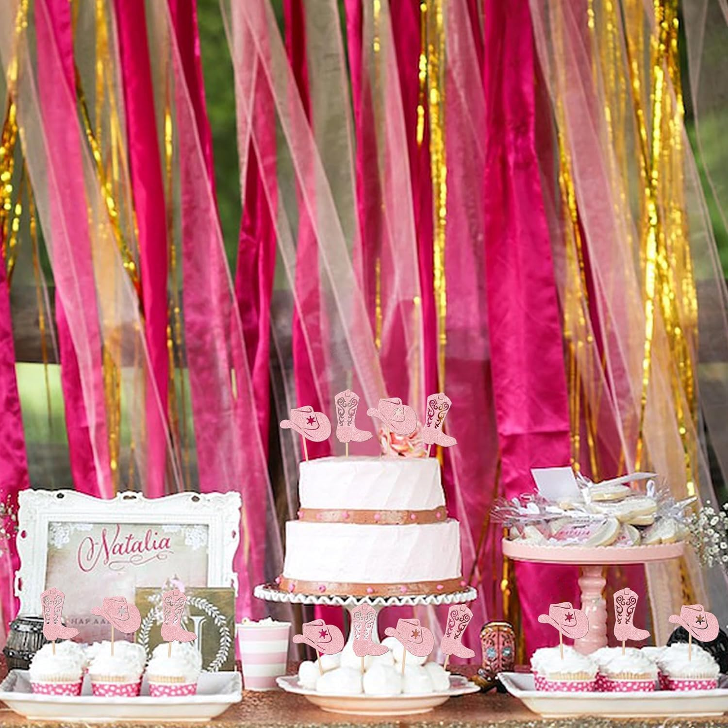 SYKYCTCY 24 Pack Cowboy Cupcake Toppers Glitter Hat Boot Cupcake Picks Western Cowboy Birthday Cake Decorations for Western Theme Baby Shower Birthday Party Supplies (Pink) - Brown image number 3