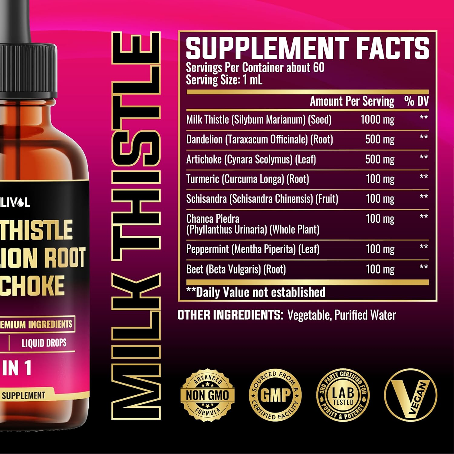 8In1 Milk Thistle Liquid Drops with Dandelion Root, Artichoke Leaf and 5 More Herbals - 60 Days Supply - 2 Fl Oz image number 2
