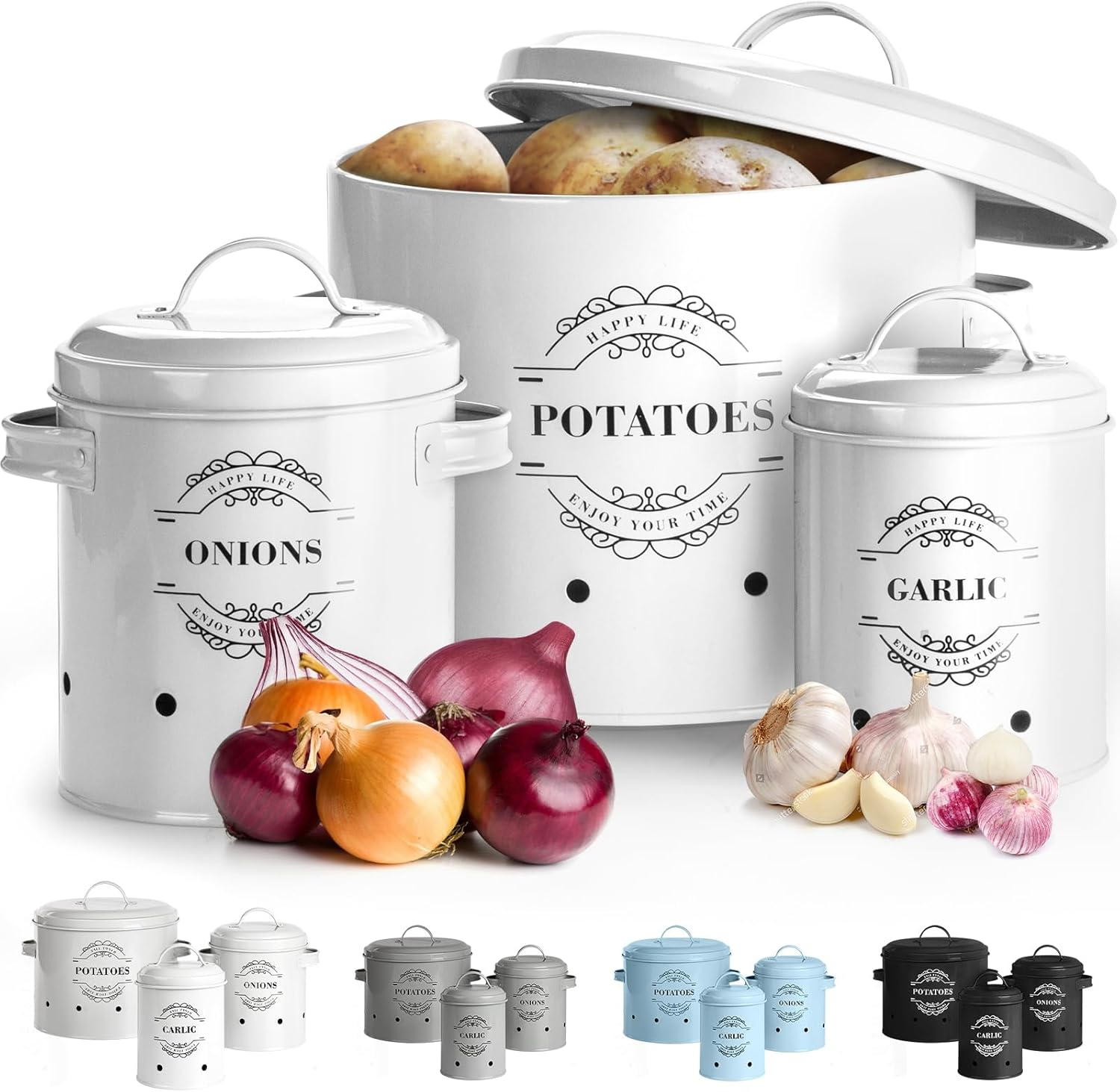 Set of 3 Potato Onion Garlic Storage Bins Kitchen Vegetable Storage Tins Potato Storage Jars with Lids Onion Storage Containers with Ventilation Holes Keeps Vegetables Fresh Longer (Black)