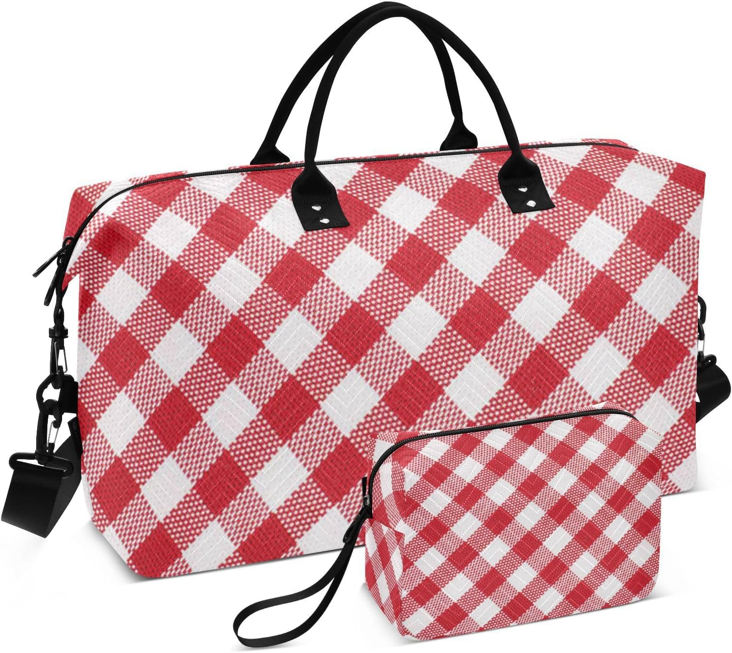 Large Travel Duffel Luggage Weekender Bag Buffalo Plaid Red White Gym Tote Bag with Adjustable Strap for Sports, Buffalo Plaid Check Tartan Scotland Red, Set of 2, Art Deco image number 6