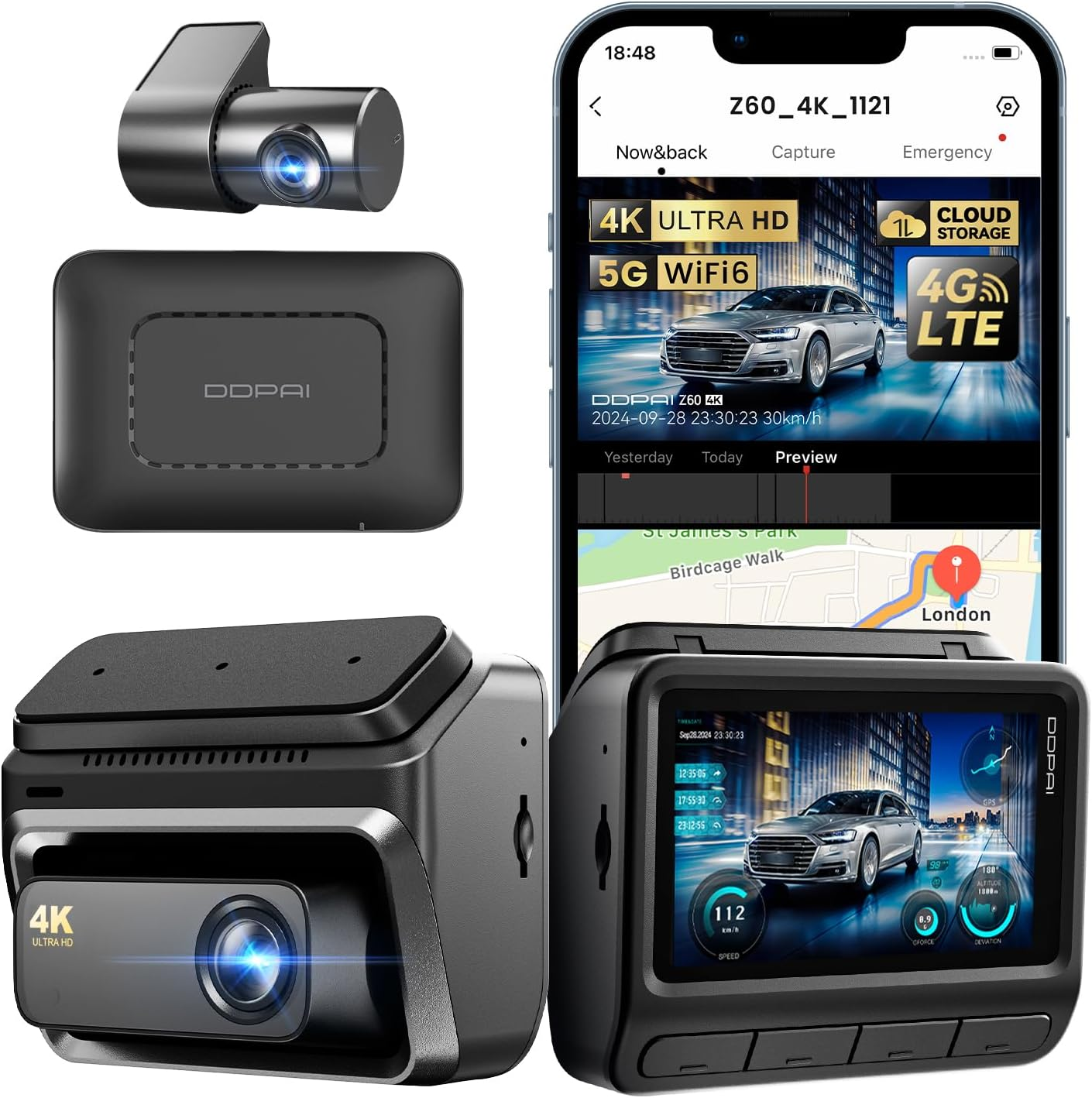 DDPAI Wireless 4G LTE Remote 3 Channel 2160P+1440P+1080P Front Rear inside Dash Cam with Start Reminder Night Vision 5G Wifi APP Control 24 Hours Parking Monitor Support 512GB TF Card, Z60 &Pi;link 4G image number 3