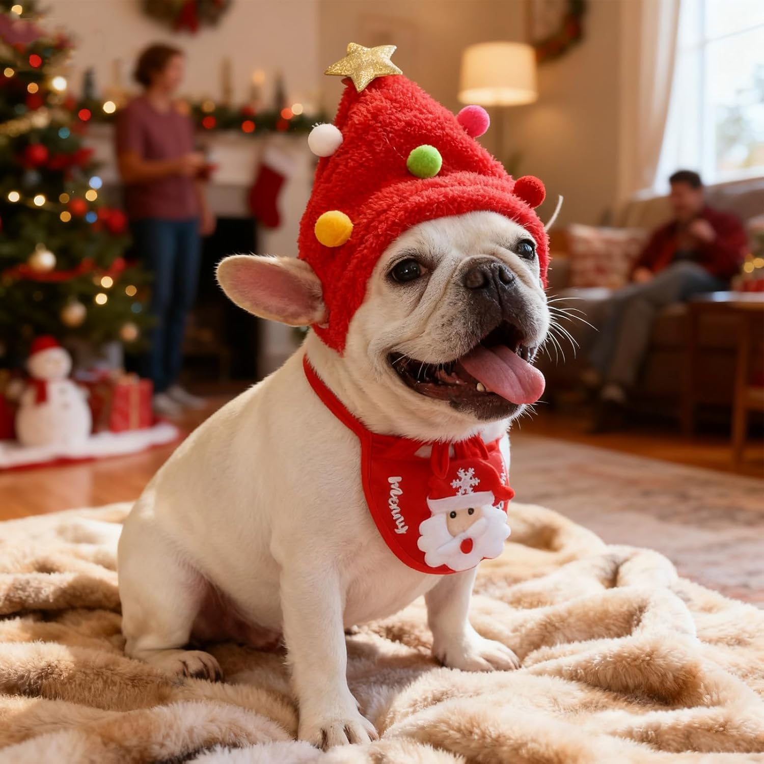 KASESSS Cat Christmas Hat, Christmas Tree Hat for Dogs & Cats, Adorable Cat Christmas Outfit Pom-Pom Hat with Scarf Bib Matching, Pet Xmas Costume, Pet Xmas Tree Costume for Puppy Kitten (Red) image number 4