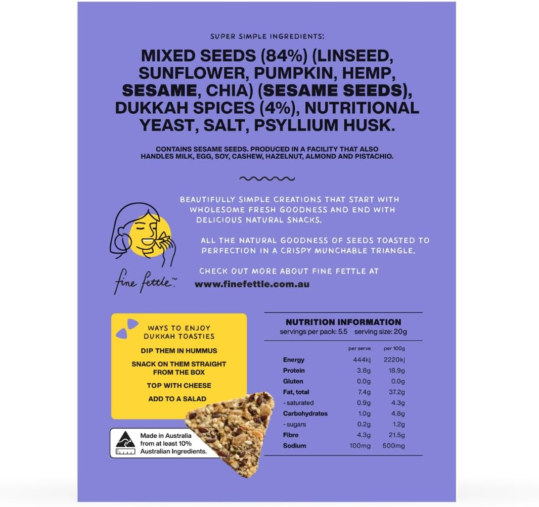 Fine Fettle Toasties Multipack 110G X 3 (Dukkah, Olive & Seaweed Toasties). Gourmet Crackers and Healthy Snacks - Gluten Free, Low Carb and Vegan - Crispy Toasted Seed Crackers with 6 Wholesome Seeds image number 3