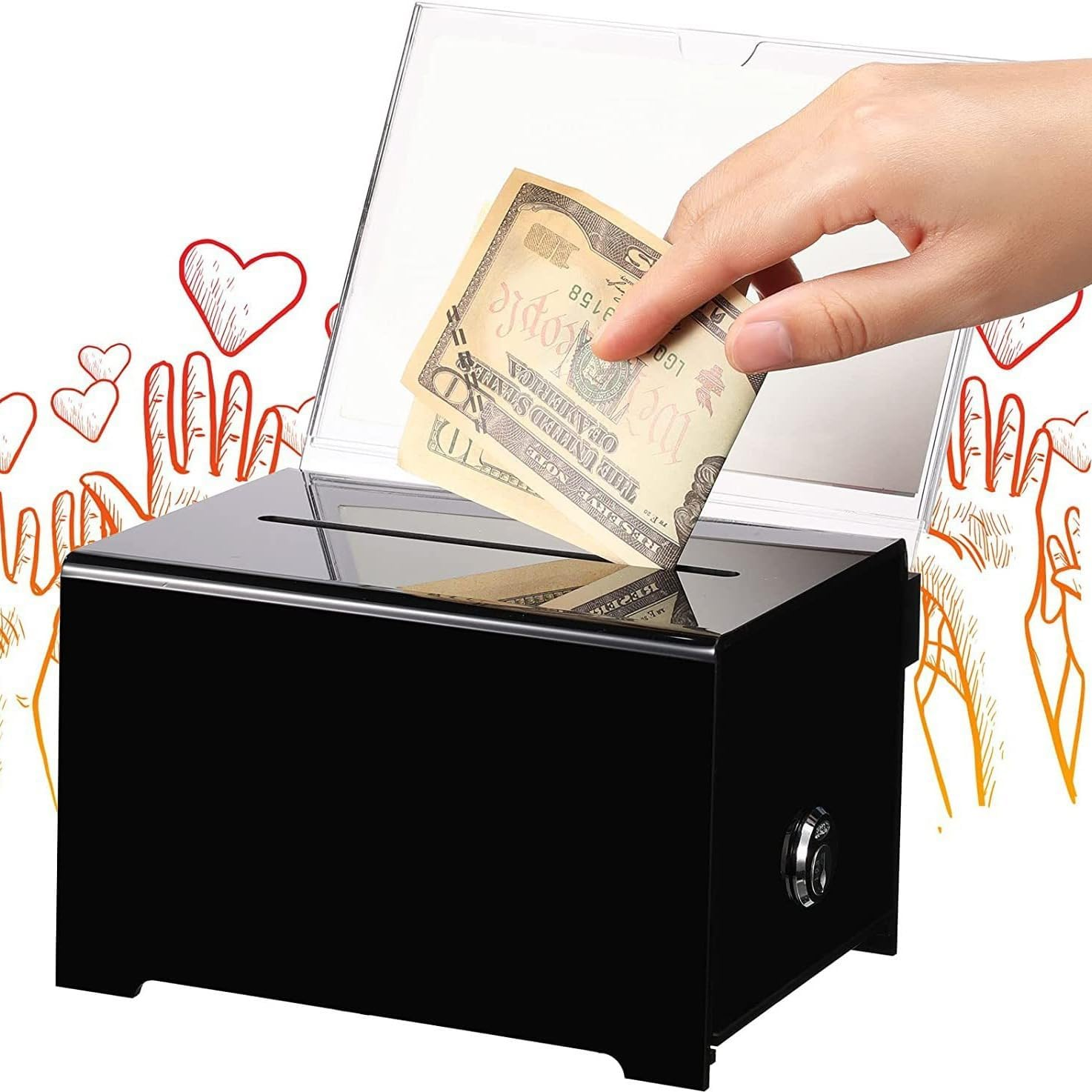 Acrylic Donation Box, Lockable Donation Box, Ballot Box, Black, Transparent with Key Lock, for Sweepstakes, Votes, Business Cards, with Sticker image number 1