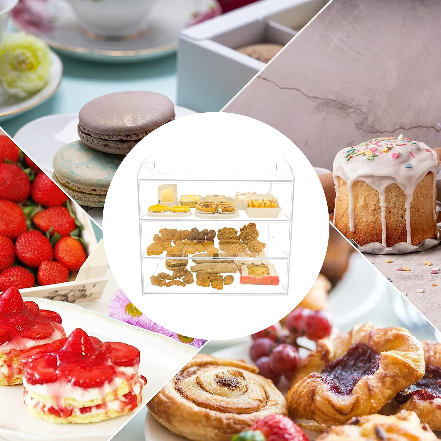 3 Tiers Clear Counter Top Bakery Display Case Pastry Display Cabinet 21.49"X21.92"X11.81" Party Desserts Rack Cake Bread Stand, Food Level PC Panels + Front Doors + Finger Holes + Handel Design image number 5