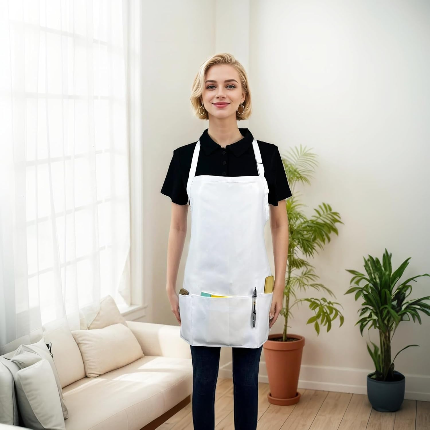 Waterproof Aprons for Women with 3 Large Pockets, Short Kitchen Apron for Men Cooking BBQ Grilling, Syzornk Adjustable Bib Apron with Ultra-Long Belt image number 3
