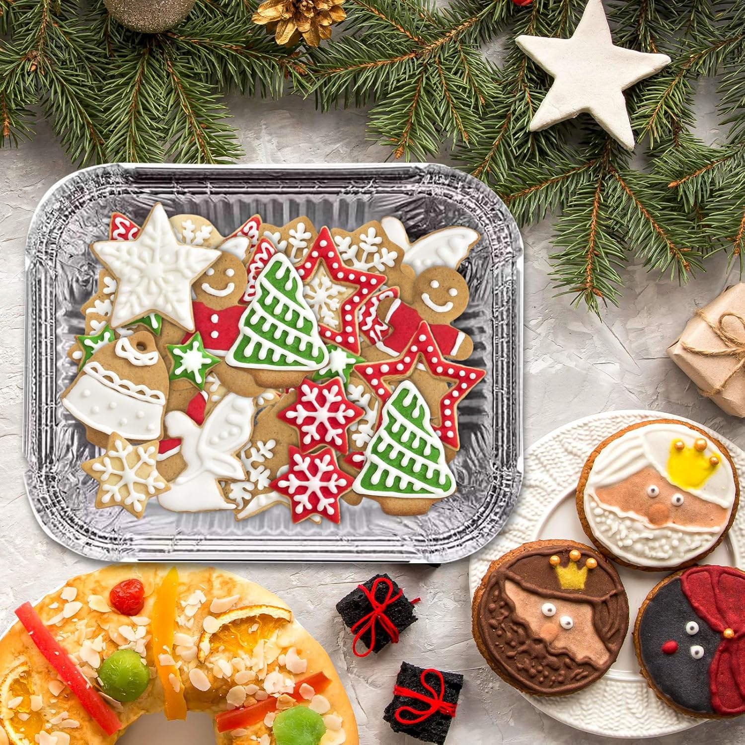 Whaline 42Pcs Christmas Foil Pans with Lids Red Black Plaid Food Storage Containers Xmas Tree Santa Disposable Aluminum Pans for Baking Cooking Heating Storing Prepping Food, 6 Designs