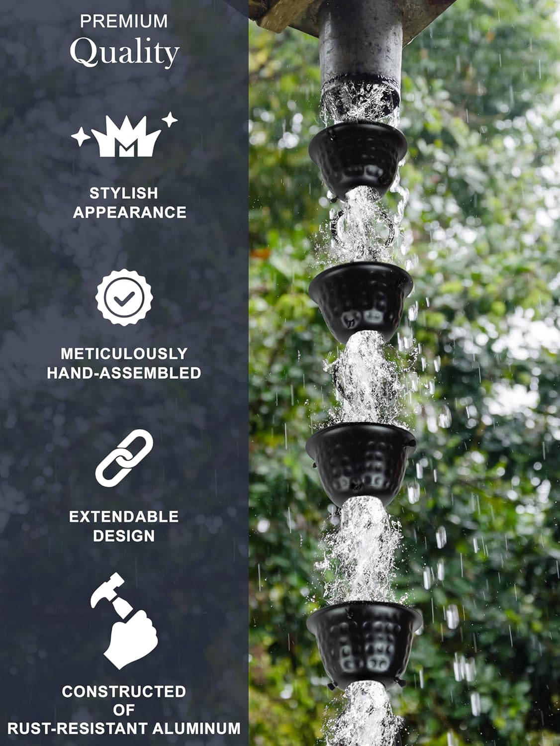 Monarch Rain Chains 18106 Aluminum Hammered Cup Rain Chain, 8-1/2 Feet Length Replacement Downspout for Gutters, Black