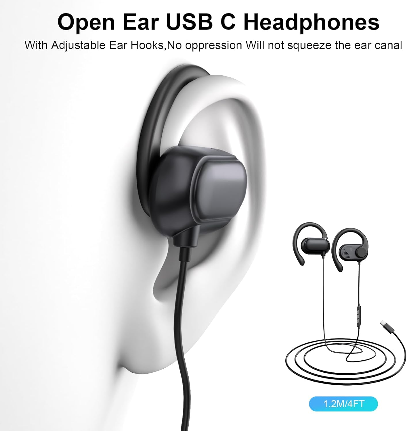 Open Ear USB C Headphones over Ear Buds Wired for Iphone 16 Pro Max 15 Samsung S25 S24 Ultra S23 A26 A36,Type C Sport Headset Earphones with Adjustable Ear Hooks/Microphone for Ipad 10 11 Pixel 9 9A 8 image number 6