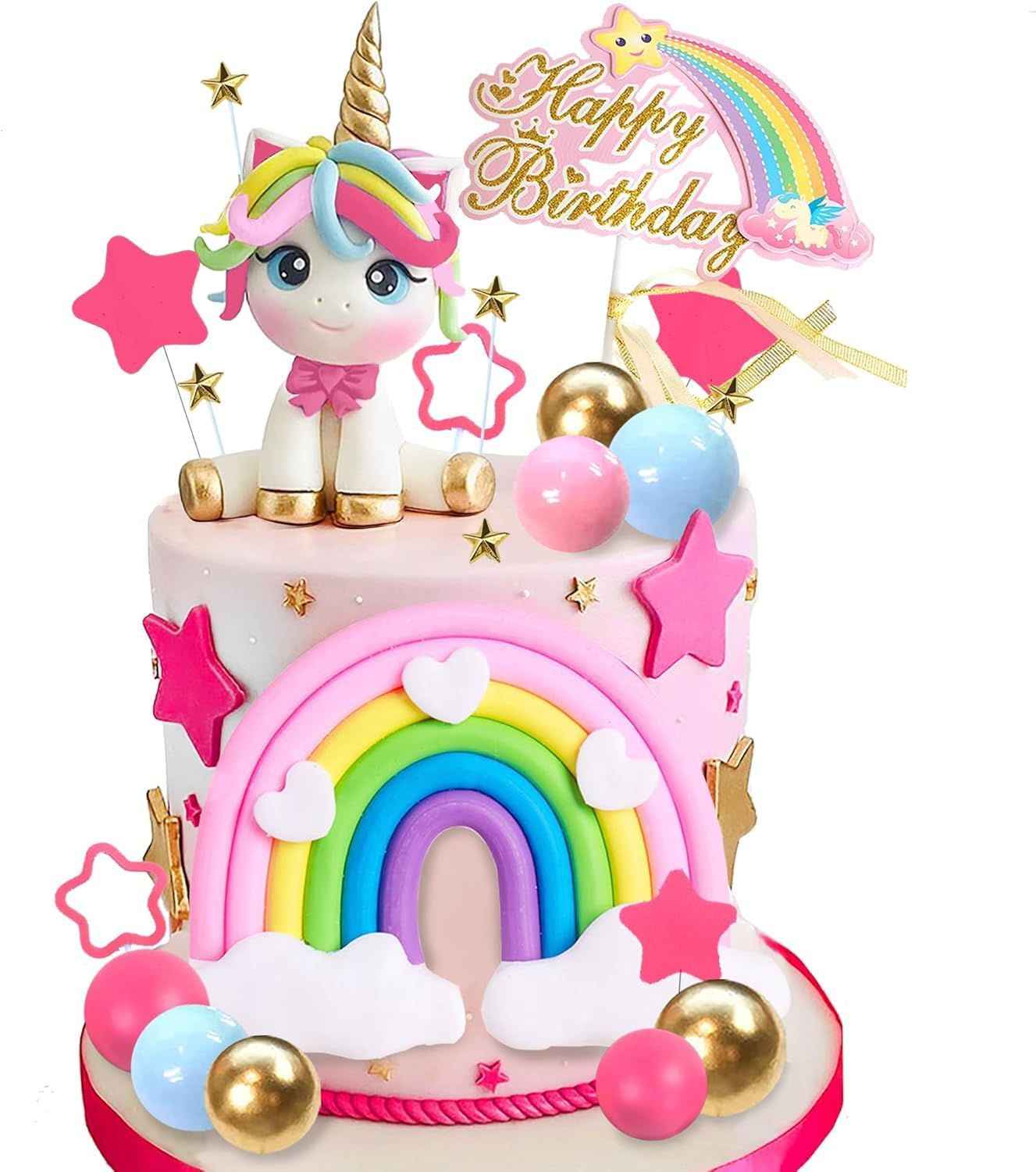 29 PCS Unicorn Cake Topper, Unicorn Rainbow Cake Decorations with Rainbow Stars Unicorn Balls Happy Birthday Cake Decorations for Boys Girls Kids Birthday Party Baby Shower Supplies image number 1
