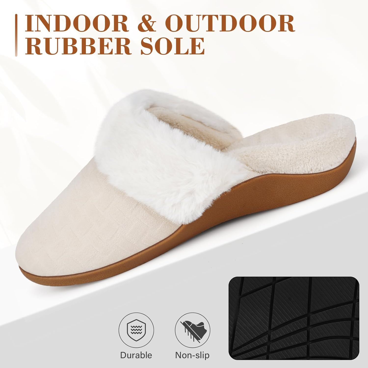 Ergofoot Orthopedic Slippers for Women, Fuzzy Slipper with Arch Support Bedroom Shoes for Plantar Fasciitis, Slip on Scuffs with Indoor Outdoor Anti-Skid Rubber Sole image number 2