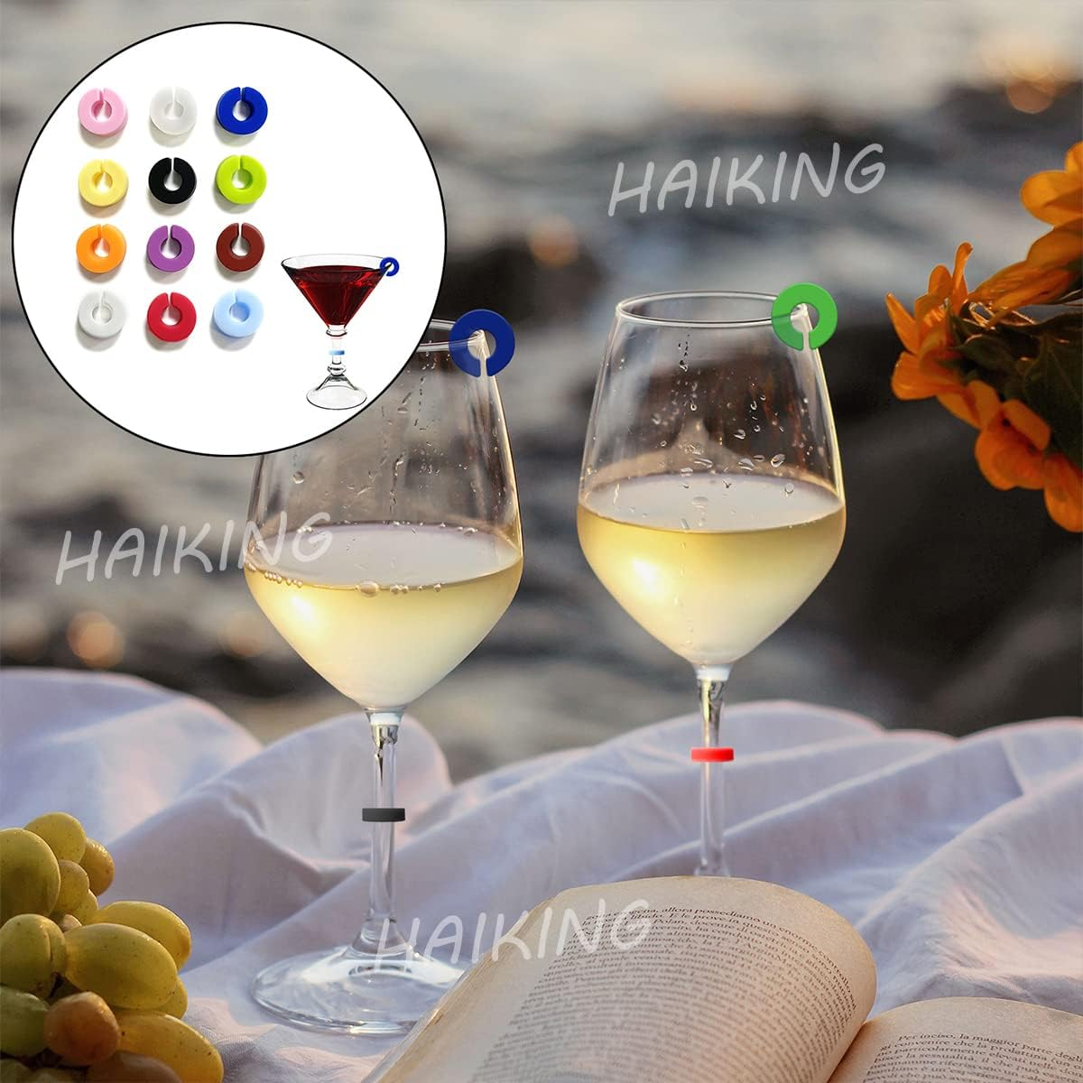 HAIKING Silicone Wine Glass Charms Markers, 12 Pieces Drink Markers for Glasses for Cocktails, Champagne, Martinis, Wine Glasses (12 Colors)