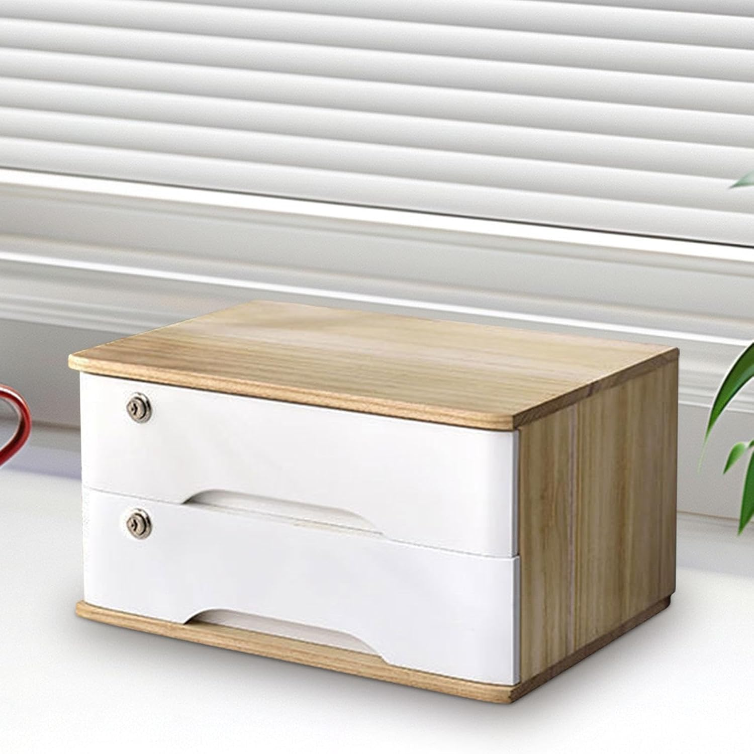 Weilaikeqi Wood Desktop Storage Box with Lock Wooden Tabletop Cabinet Storage Drawer for Counter, Wooden White - Brown image number 2