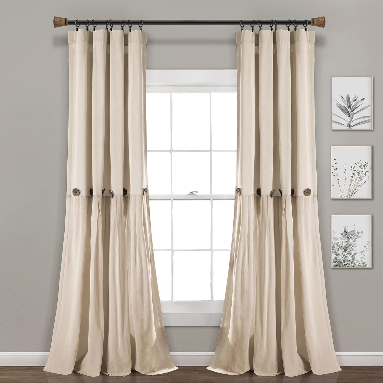 Lush Decor Linen Button Window Curtain Panel, Single, 40" W X 95" L, Dark Gray & White - Country Curtains - Rustic Decor - Color Block Modern Farmhouse Curtains for Living Room, Bedroom & Dining Room