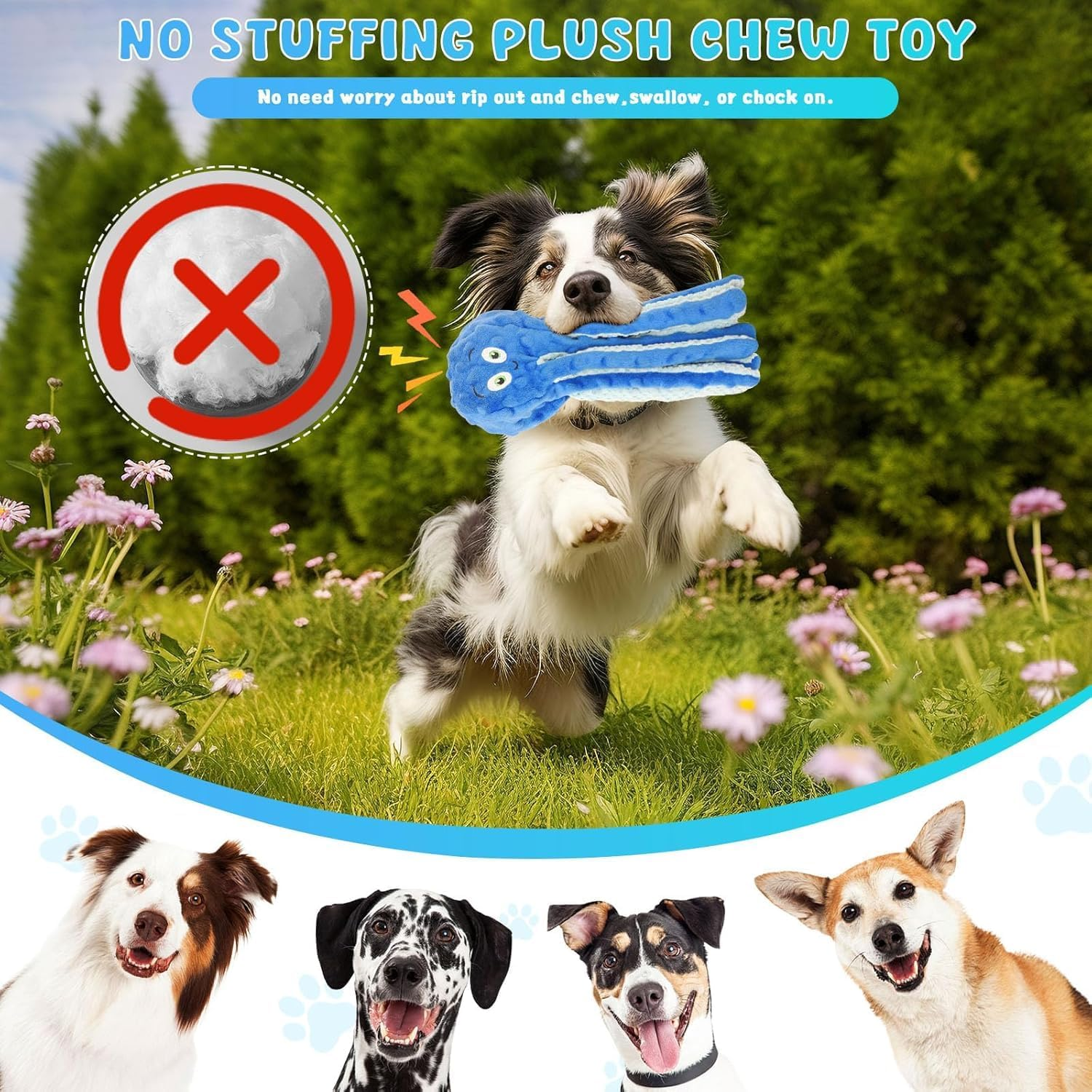 Dog Squeaky Toys, Octopus Interactive Play Toy，No Stuffing Plush Dog Chew Toy with Crinkle Paper for Medium and Large Dog Playing (New Blue)