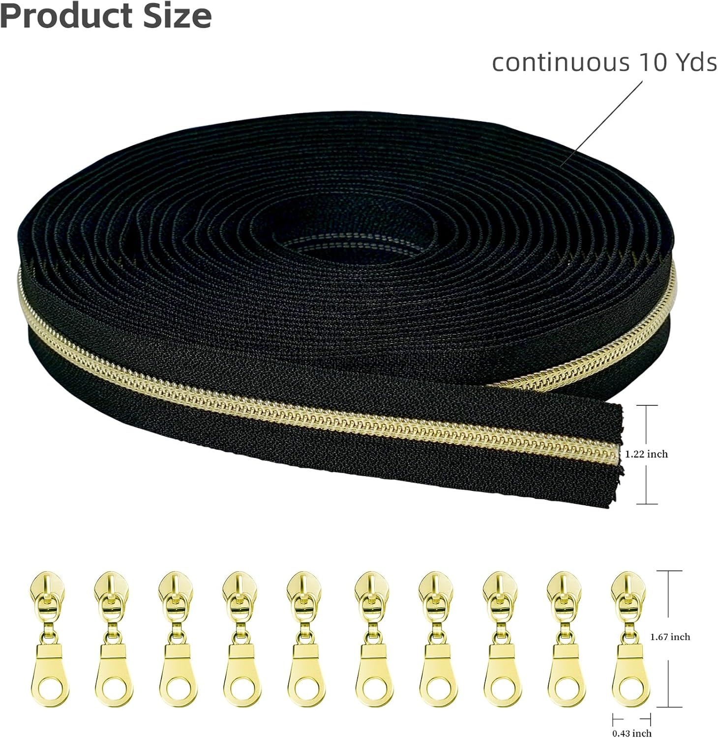 Zynzaoacs #5 Zipper by the Yard with Pulls, Continuous Black Tape (10Yds) and Rust-Proof Gold Metal Pulls (25Pcs), Bulk Zippers for Sewing Bags and Purses, Cuttable Nylon Zipper Roll image number 1