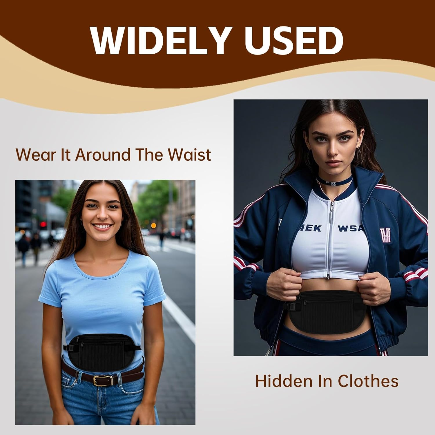 2PCS Money Belt, Ultralight RFID Blocking Money Belt Secure Hidden Travel Neck Wallet Undercover Fanny Pack Waist Money Pouch with Adjustable Elastic Strap for Men Women Travel Running Hiking Cycling, image number 4