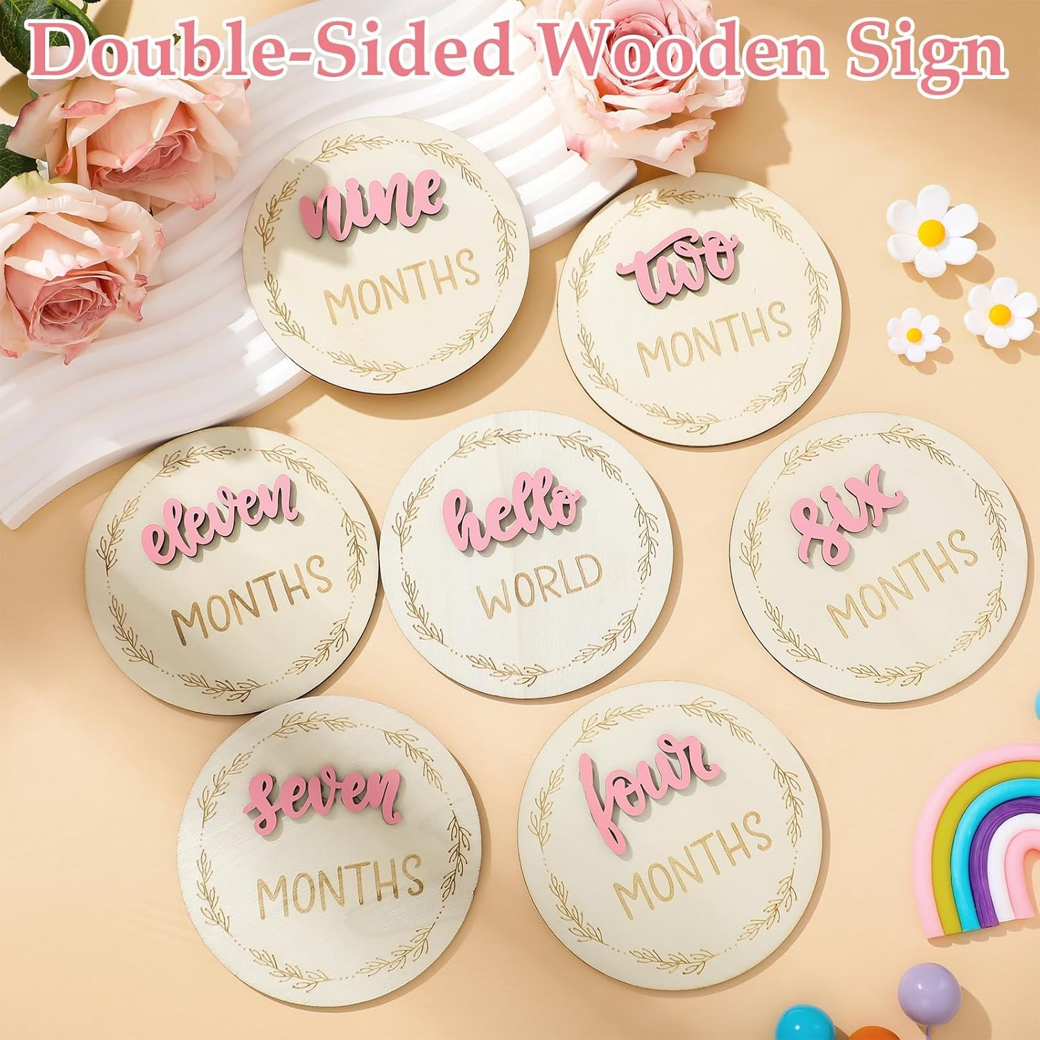 7 Pcs Months Baby Milestone Signs, 3D Pink Baby Monthly Milestone Cards Milestone Wooden Circles for Newborn Boy Girl 1-12 Months Baby Milestone Pictures (Double Sided) image number 4