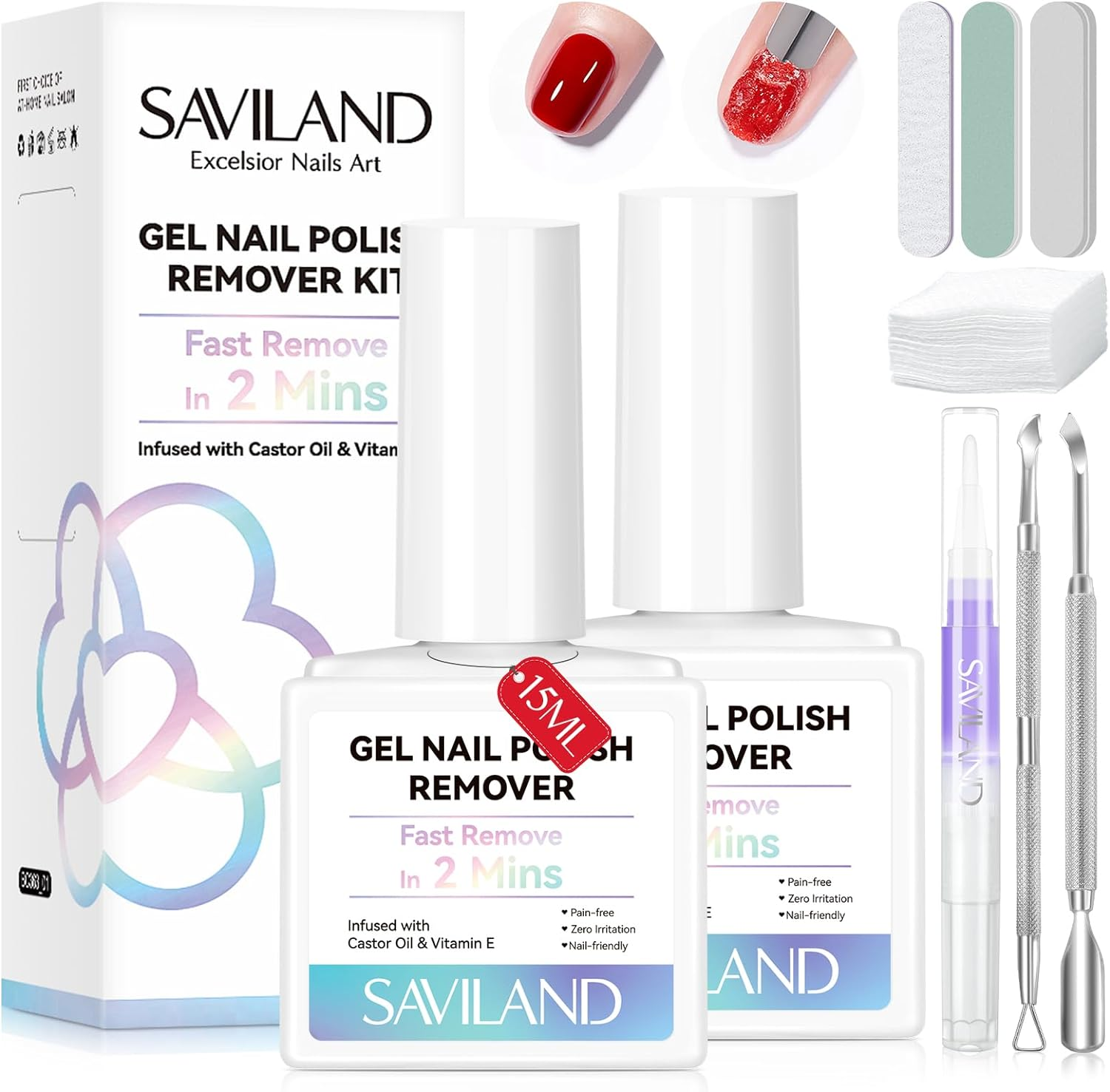 Saviland 2 Minutes Quick & Easy Gel Nail Polish Remover Kit: 2PCS Soak-Off Gel Polish Remover Rich in Castor Oil & Vitamin E, with Cuticle Oil Pen Nails Tools for Nail Tips, Acrylic Dip Powder Removal image number 1