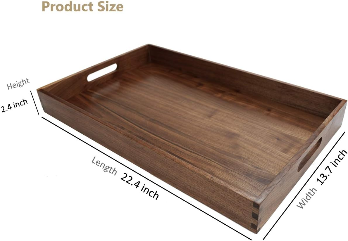 MAGIGO 22 X 14 Inches Large Rectangle Walnut Wood Ottoman Tray with Handles, Serve Tea, Coffee or Breakfast in Bed, Classic Wooden Decorative Serving Tray - Cherry Wood image number 3