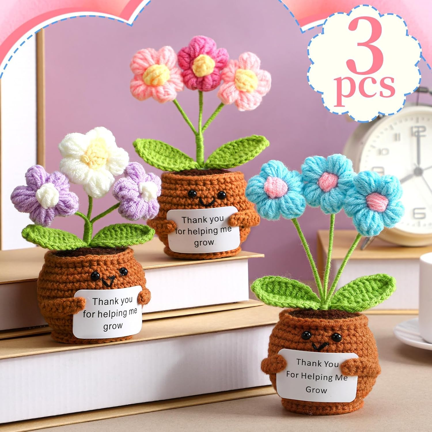 3 Pcs Emotional Support Plush Flowers Positive Crochet Potted with Card Thank You for Helping Me Grow Teacher Thank You Gifts for Birthday Home Office Decor(Puff Flower) image number 4