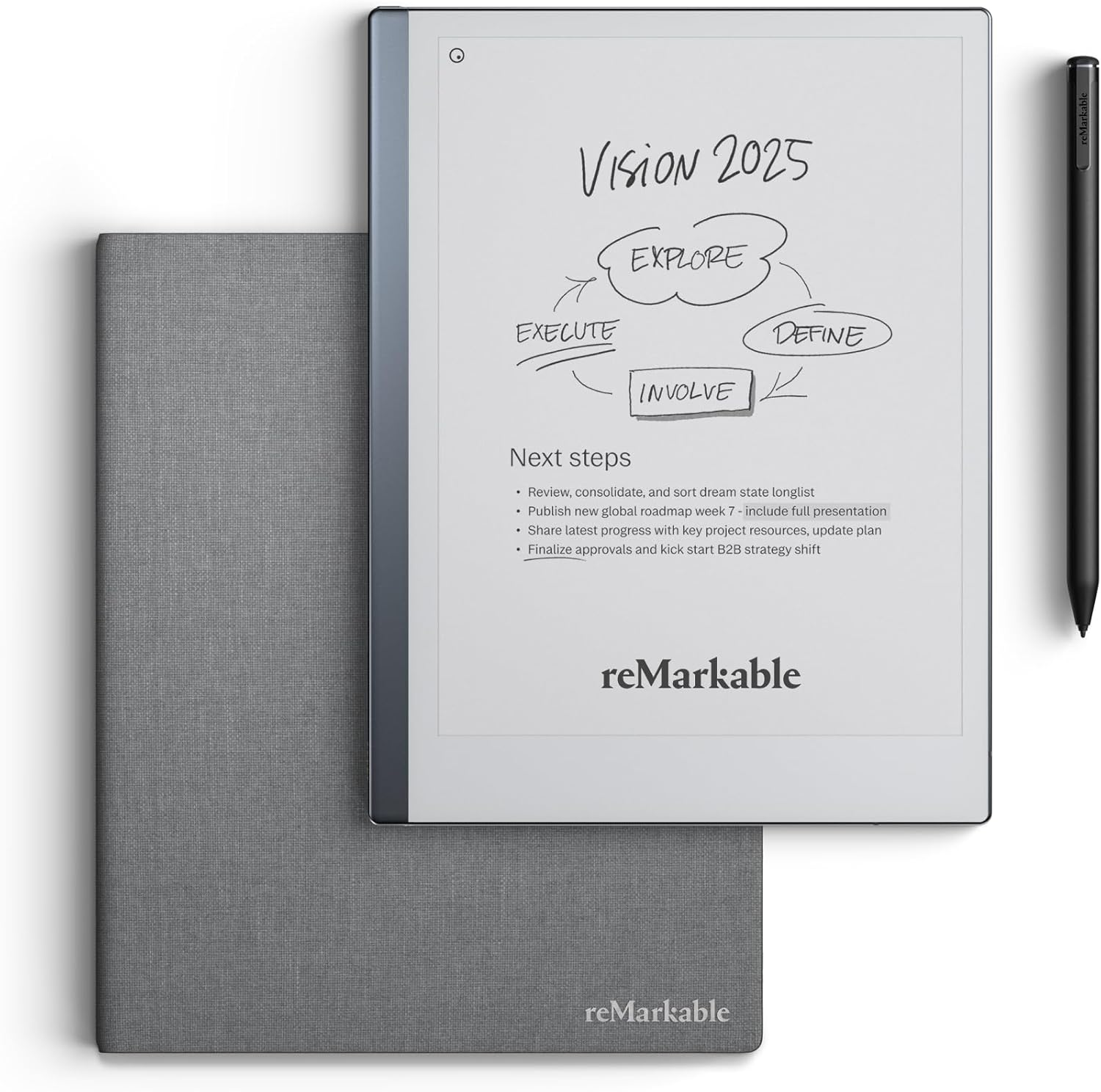 Remarkable Essentials Bundle &ndash; Gray | Remarkable 2 Paper Tablet | Includes Black and White 10.3&rdquo; Writing Tablet, Marker plus Pen with Eraser, Book Folio Cover in Gray Weave