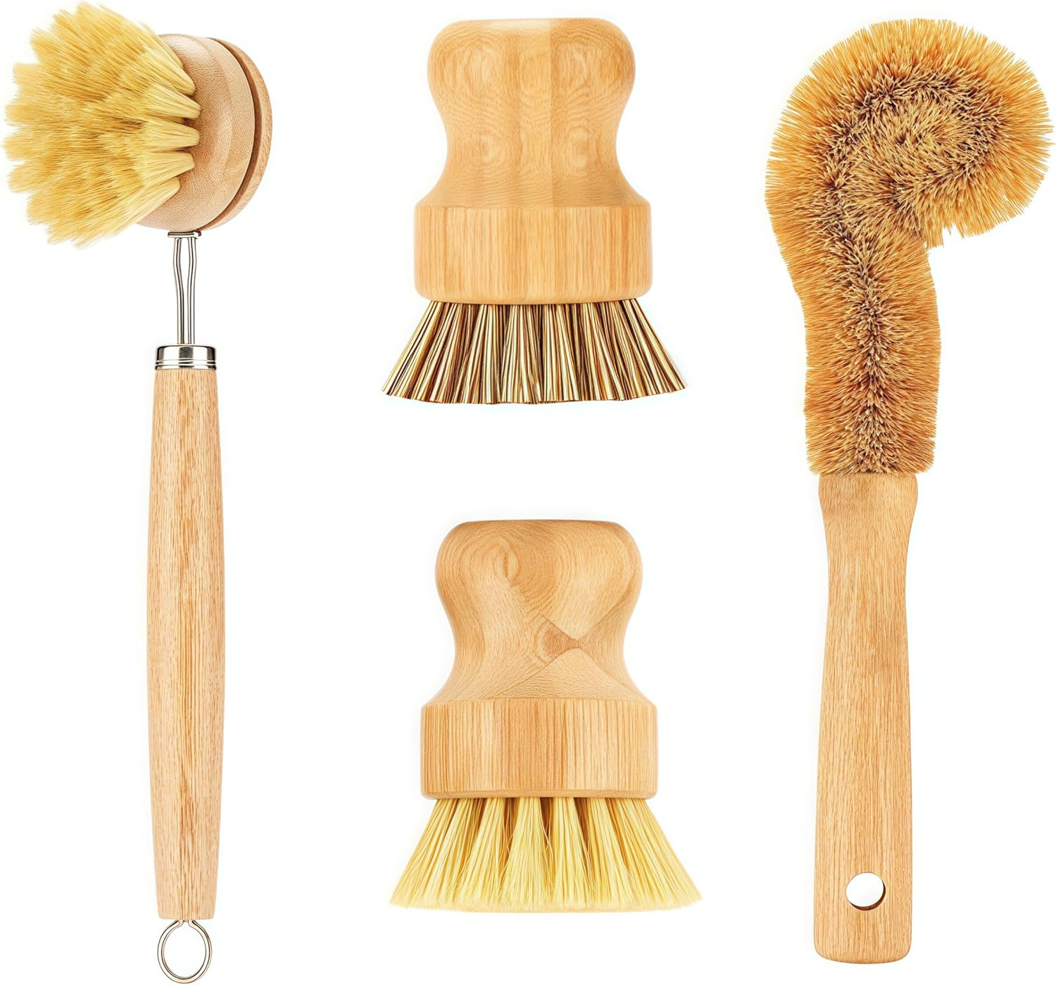 Bamboo Dish Brushes Sets 4 Tools in One Kitchen Clean Dish Scrubber for Pots Pans Bottles with Natural Bristles (Bamboo Brushes Sets)