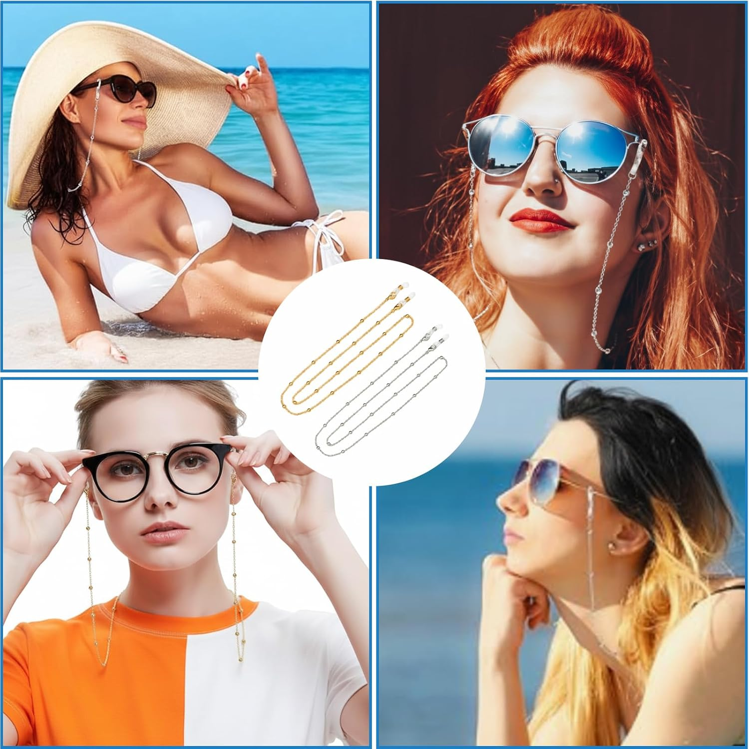 Glasses Chain, 4 Pack Glasses Strap with 2 Gold and 2 Silver Chains, Adjustable Sunglasses Strap for Women