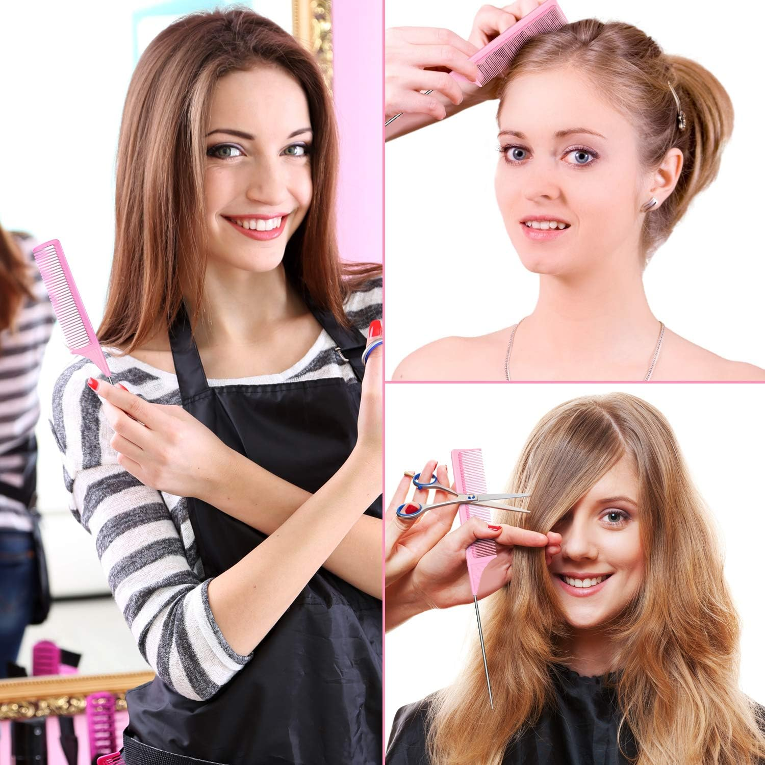 3 Packs Pink Rat Tail Comb Fiber Teasing Combs Rat Tail Lifting Combs Styling Combs, Carbon Fiber and Stainless Steel Pintail for Hair Salon or Home Supplies image number 3