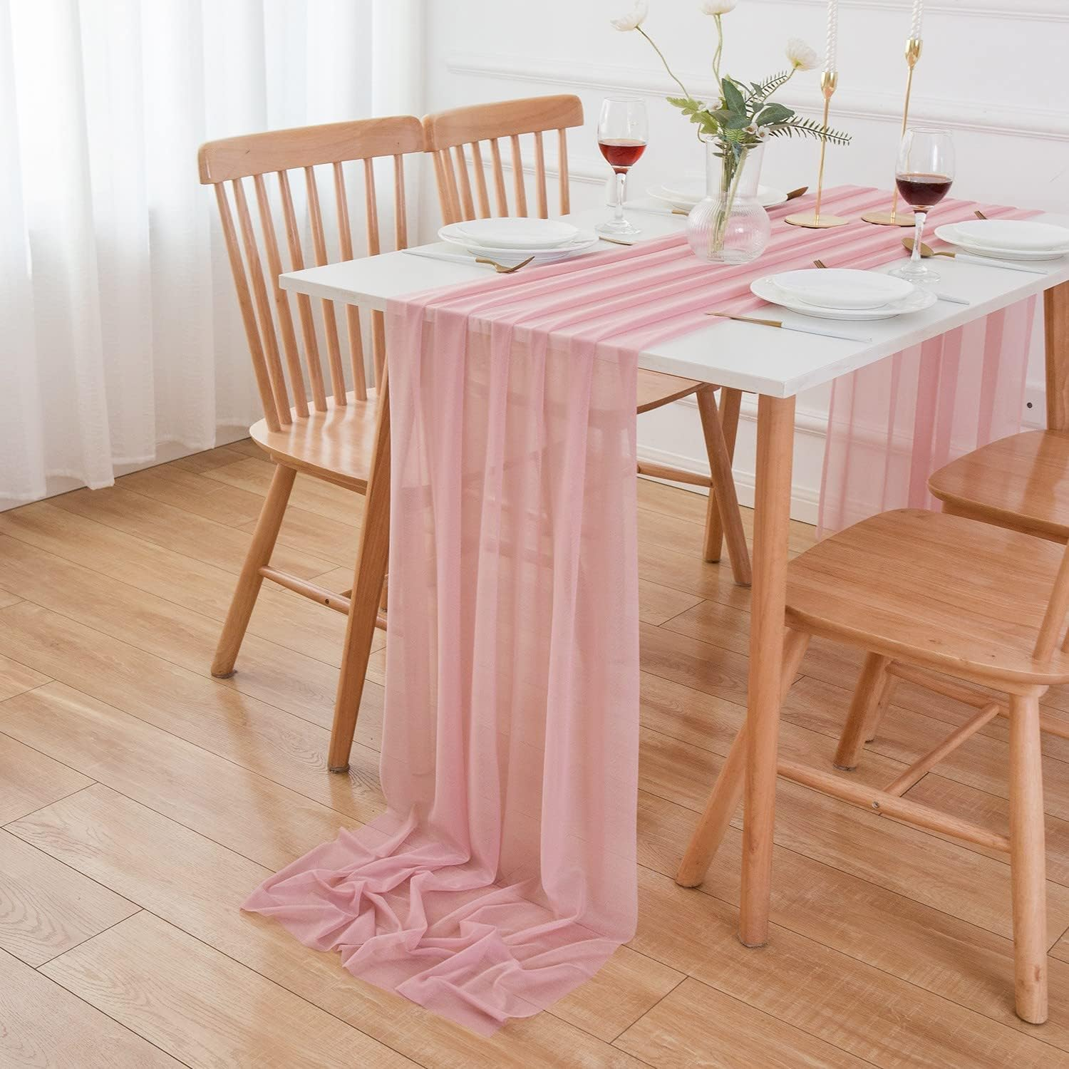 AOKSUNOVA Pink Table Runner Chiffon Wedding Table Runner for Table Decoration Party Baby Shower Decorations for Girl 3M X 70Cm