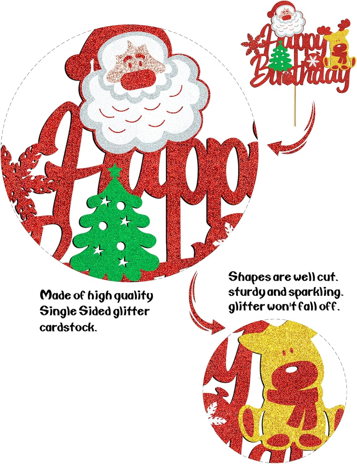 Biird Christmas Cake Topper Christmas Cake Decorations Birthday Cake Decorations with Glitter Christmas Tree Deer Santa Claus Cake Pick Decorations for Xmas Theme Happy New Year Party Supplies image number 4