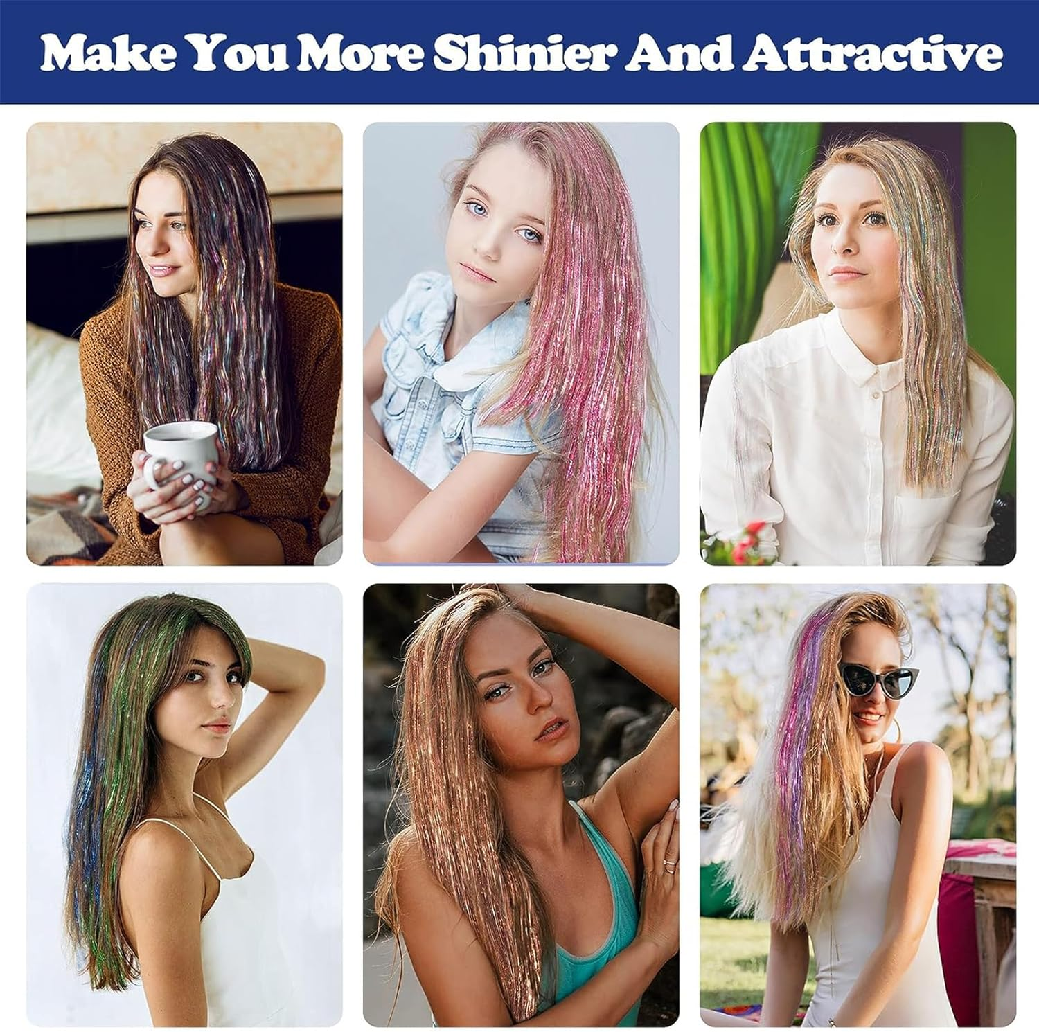 22 Colors Hair Tinsel Kit with Tools, 36 Inches 3700 Strands Tinsel Hair Extensions, Fairy Hair Tinsel for Christmas Halloween Cosplay Party, Grow the Most Dazzling Hair of the Crowd image number 3