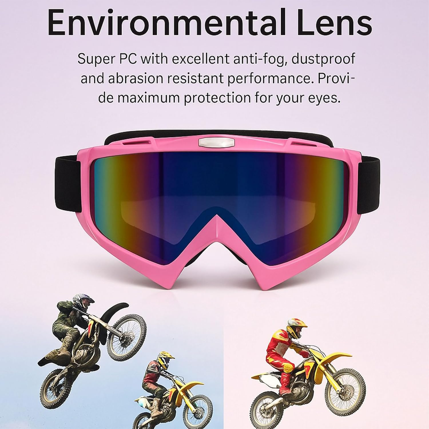 Motorcycle Goggles for Dirt Bike Safety Glasses - off Road Cycling, Ski, ATV, Racing - Windproof, Dustproof, Anti-Scratch, Anti-Fog, UV Protection - Pink - Ruibex image number 5