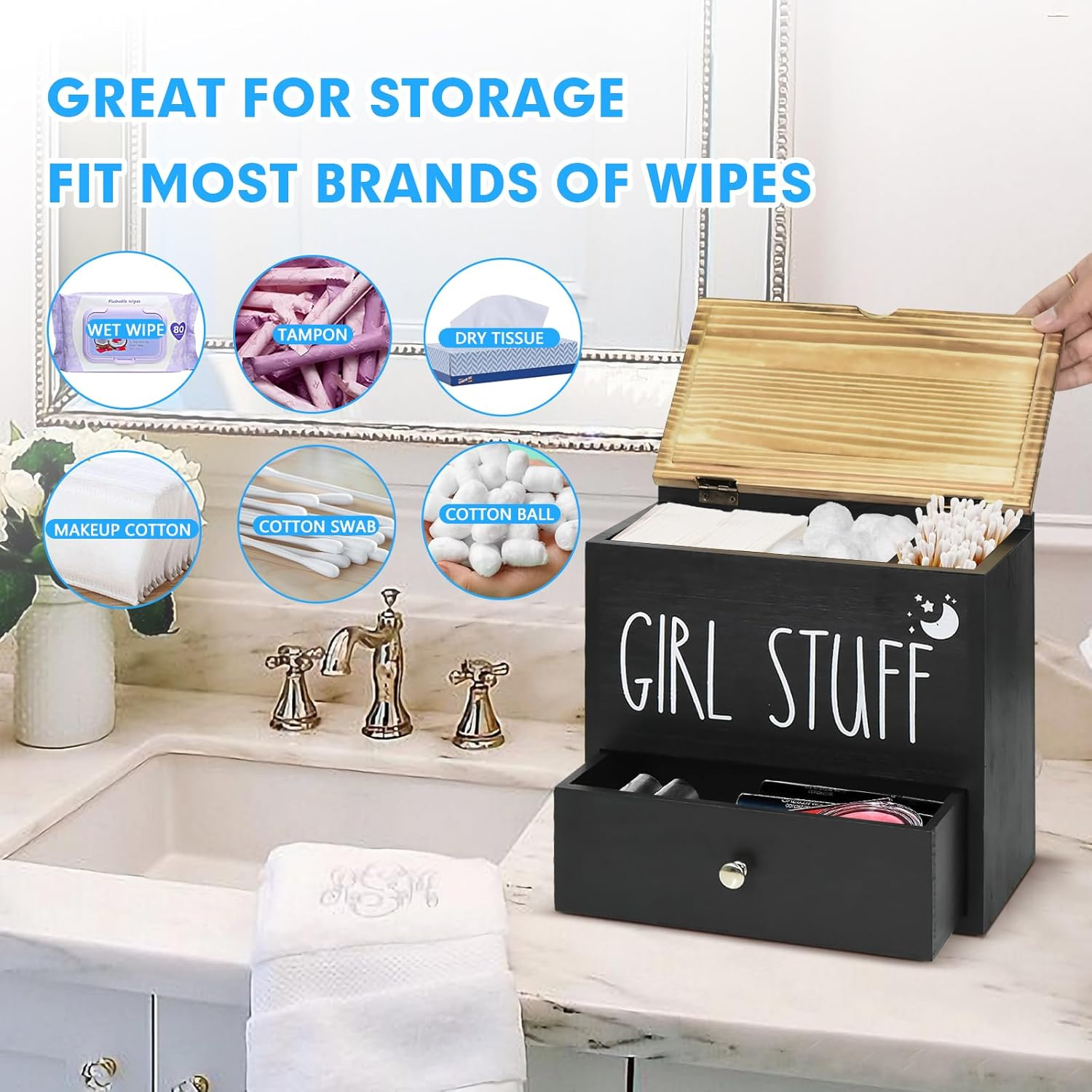 Tampon Holder for Bathroom Decor and Storage, Wood Feminine Product Organizer with Drawer and Lid, Pad and Tampon Organizer Bathroom Accessories Box for Tampon Storage, Black Cotton Ball/Swab Holder image number 1