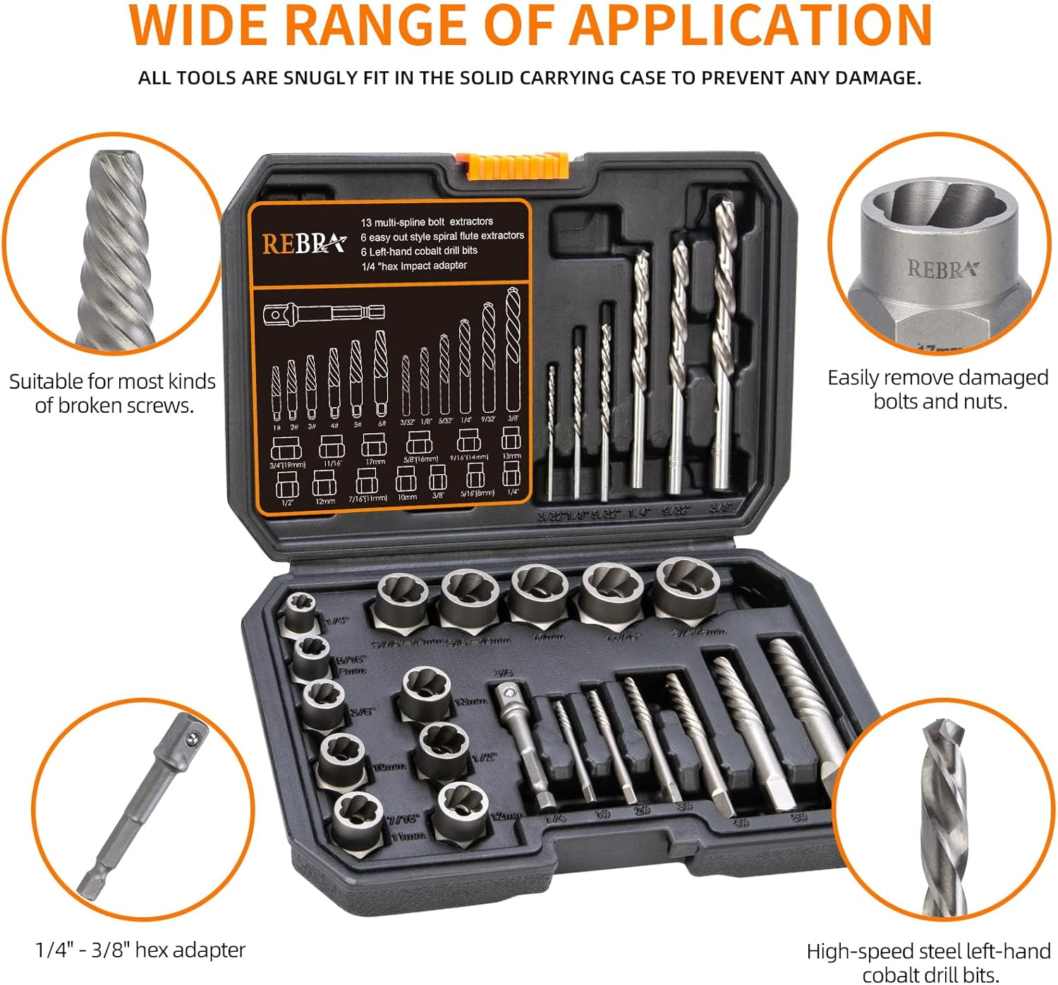 REBRA Screw&Bolt Extractor Set and Left-Hand Drill Bit Set, with Hex Adapter, Easy Out Stripped Screw Remover Socket Set Tool for Stripped, Damaged, Rounded-Off, Rusted Bolts, Nuts&Screws 26-Pieces image number 4