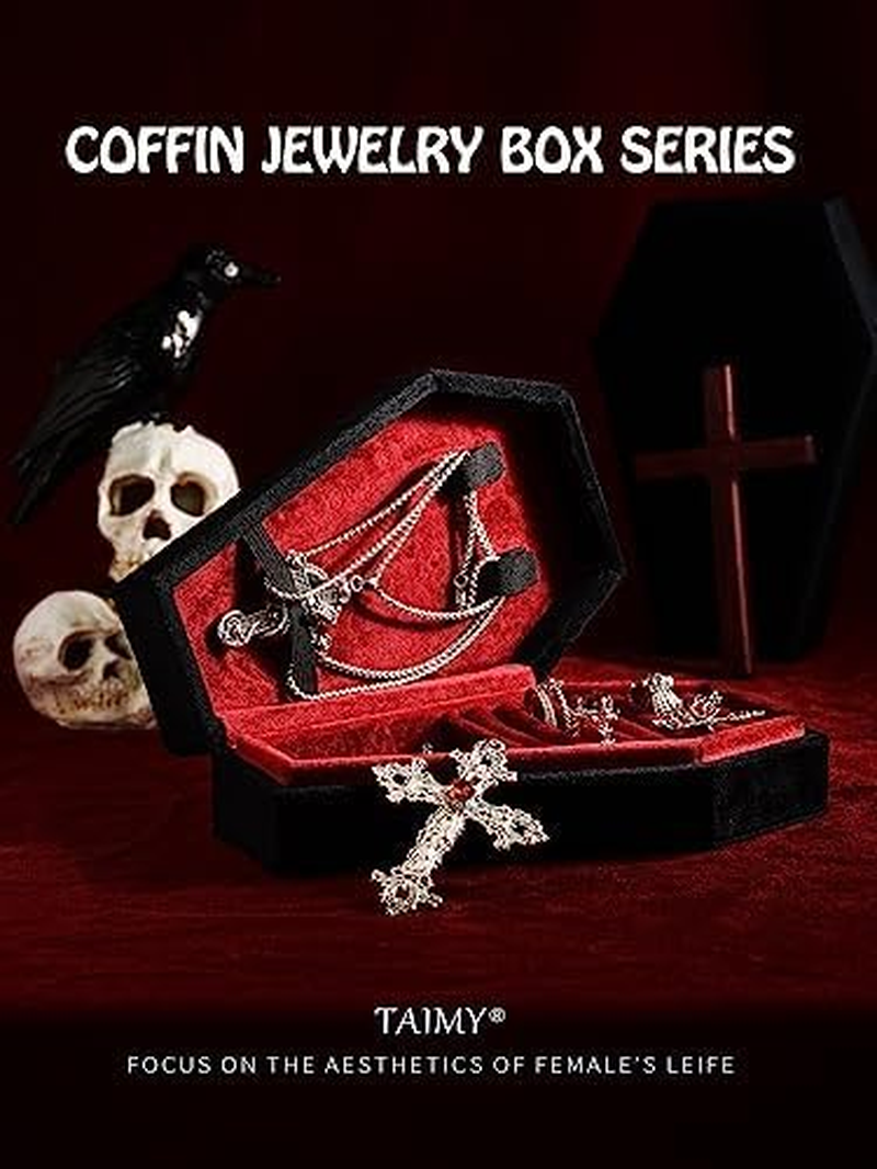 TAIMY Coffin Jewelry Box, Mini Coffin Shaped Gothic Jewelry Case, Plush Velvet Small Jewelry Organizer for Earrings Rings Necklaces Bracelets - Mini Coffin-B image number 6