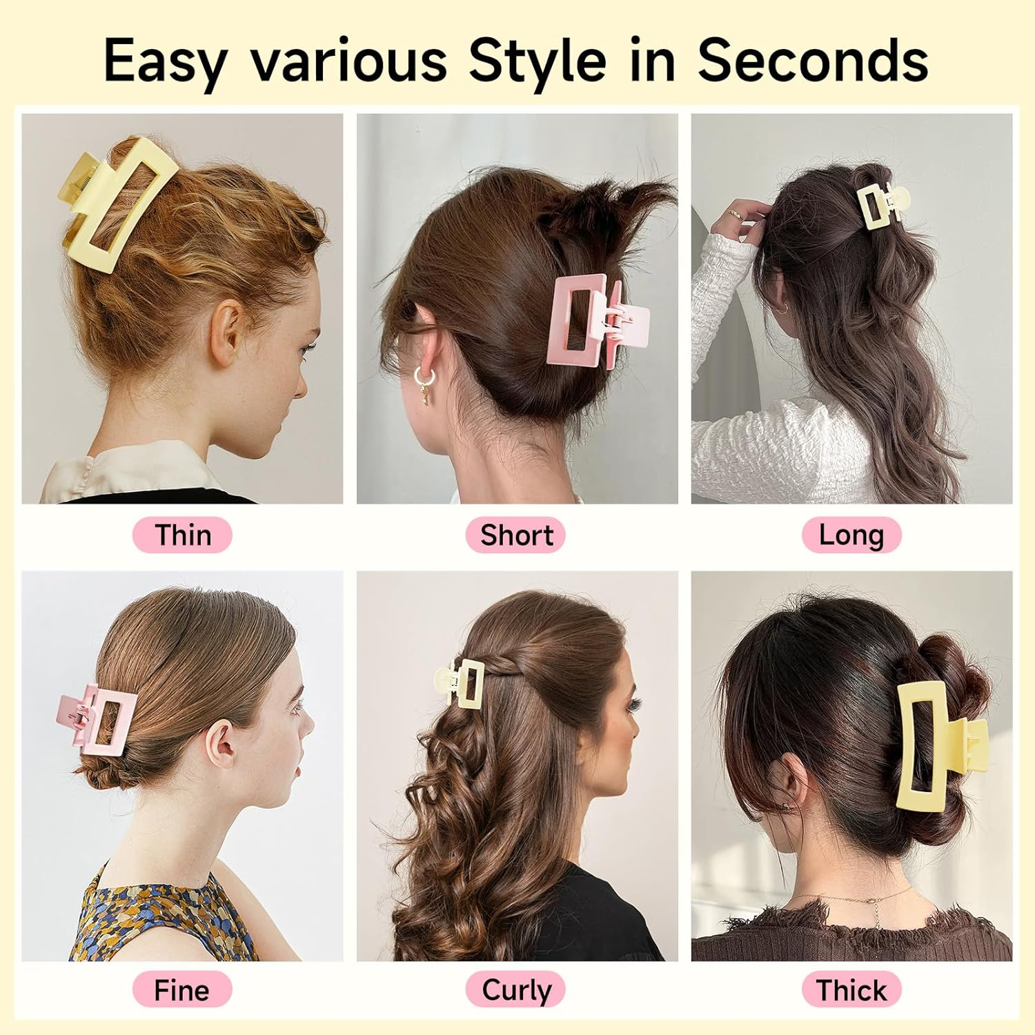 6 Pcs Matte Square Claw Clips Set for Women, Cute Pastel Yellow Pink & White Hair Clips &ndash; Non‑Slip Small and Medium Rectangular Hair Claw Clips, French Style Hair Accessories for Women image number 5