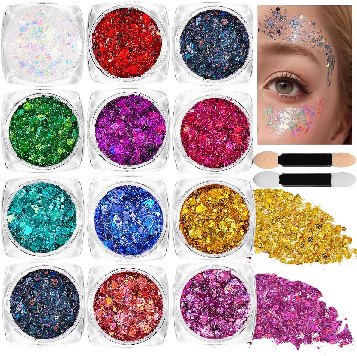 Roczential 12 Colors Mermaid Face Glitter Gel, Face and Body Glitter Gel, Sequins Glitter Face Paint, Hair Glitter Gel, Glitter Gel Makeup for Lip, Hair, Eyes, Chunky Glitter for Festivals, Parties image number 4