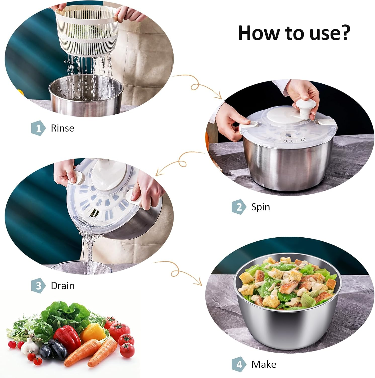 RAINBEAN Salad Spinner Stainless Steel Large, Multi-Use Lettuce Spinner Wash Spin and Dry Fruits and Vegetables with Drain Bowl Colander Spinner (5 Qt) image number 6