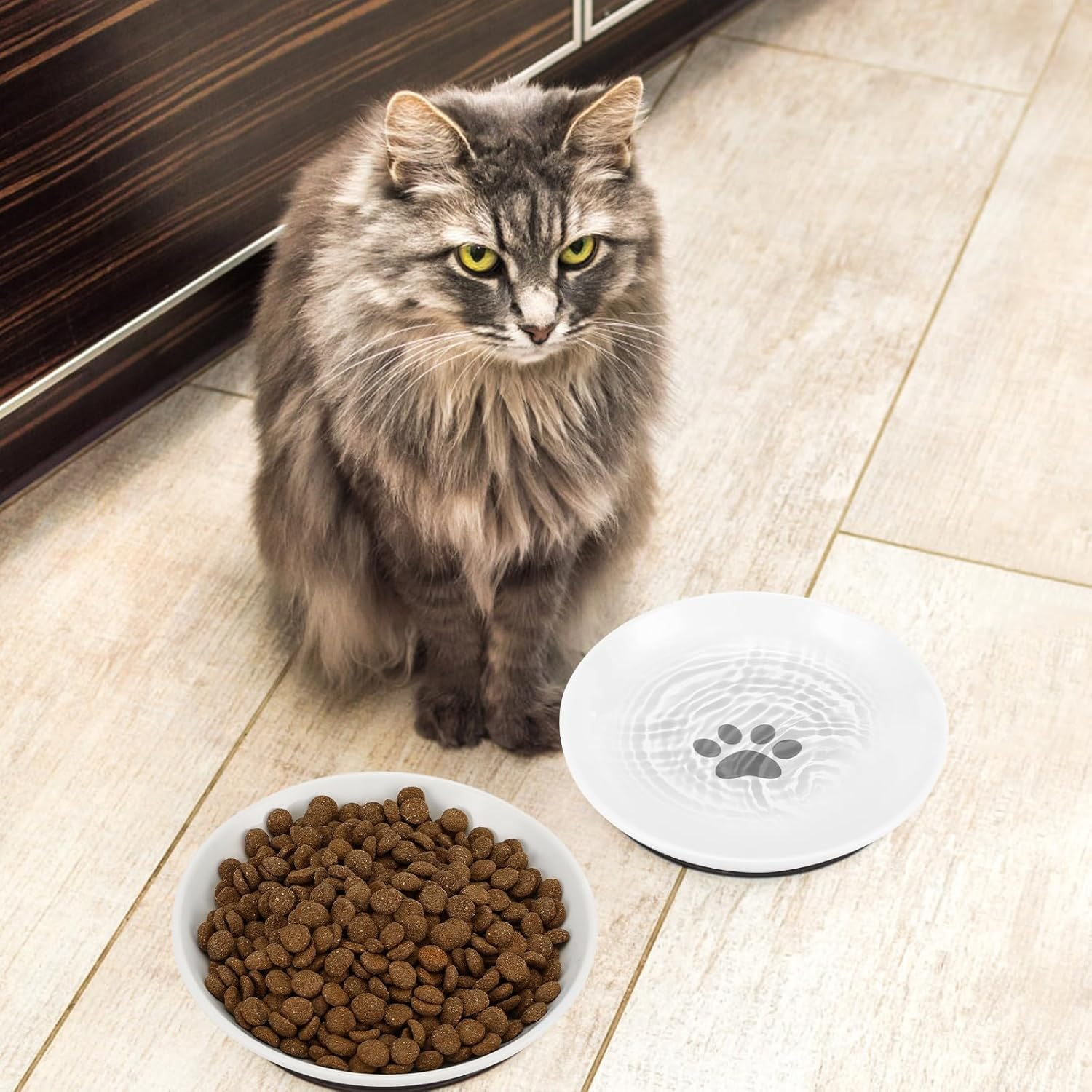 Ceramic Cat Bowl, Pack of 3 Cat Bowls, Flat with Non-Slip Silicone Base, Feeding Bowl for Cat from Whiskers Fatigue, Feeding Bowls for Cats, Kittens, Dogs image number 6